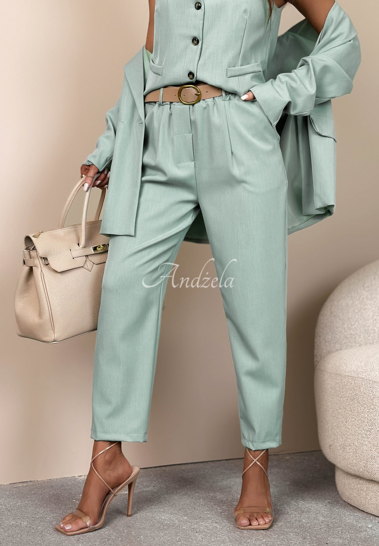 Elegant cigarette pants with Cordelia pistachio belt