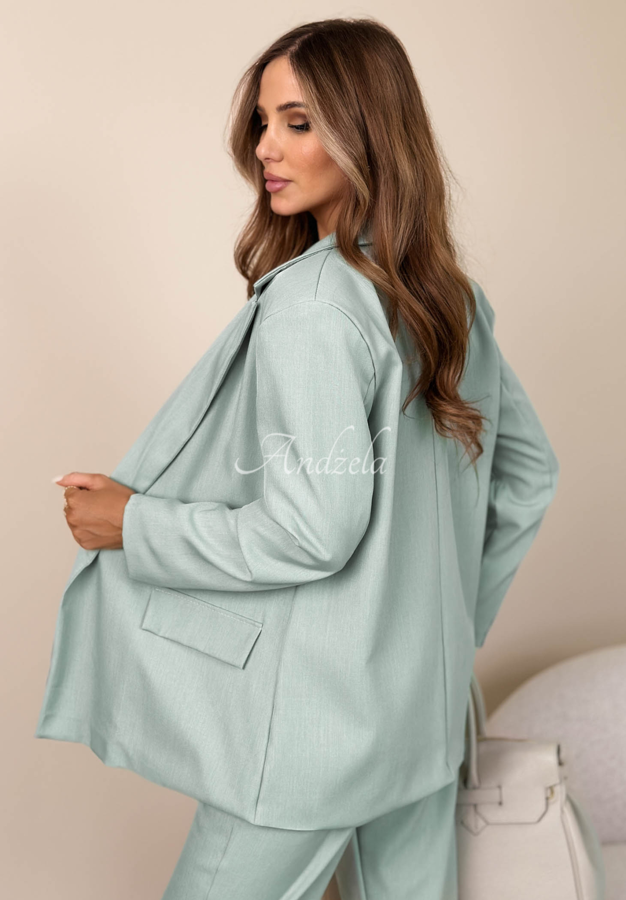 Elegancka dwurzędowa marynarka z kołnierzem Cordelia pistacjowa