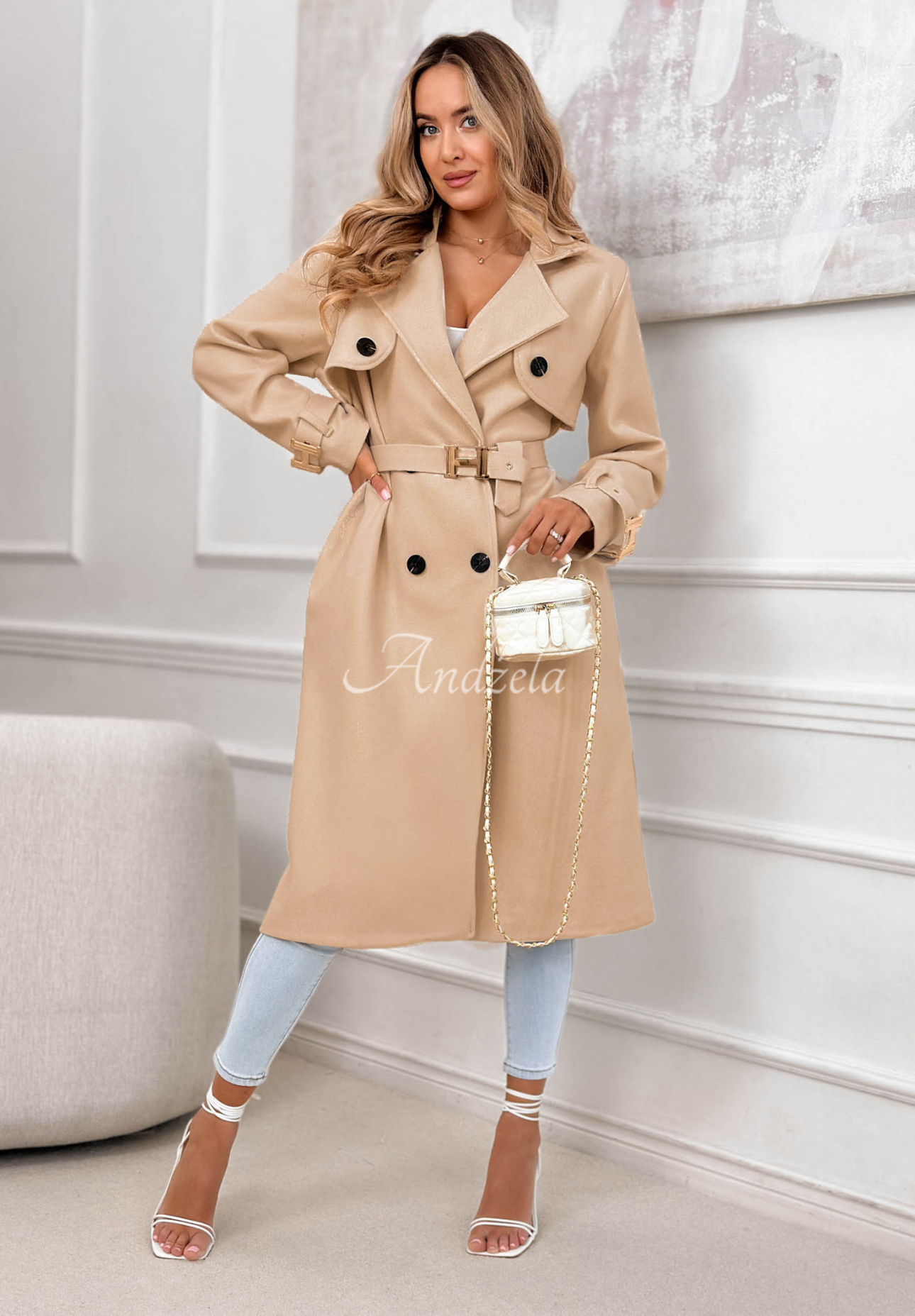 Długi płaszcz dwurzędowy z paskiem Changing Of Seasons ciemnobeżowy