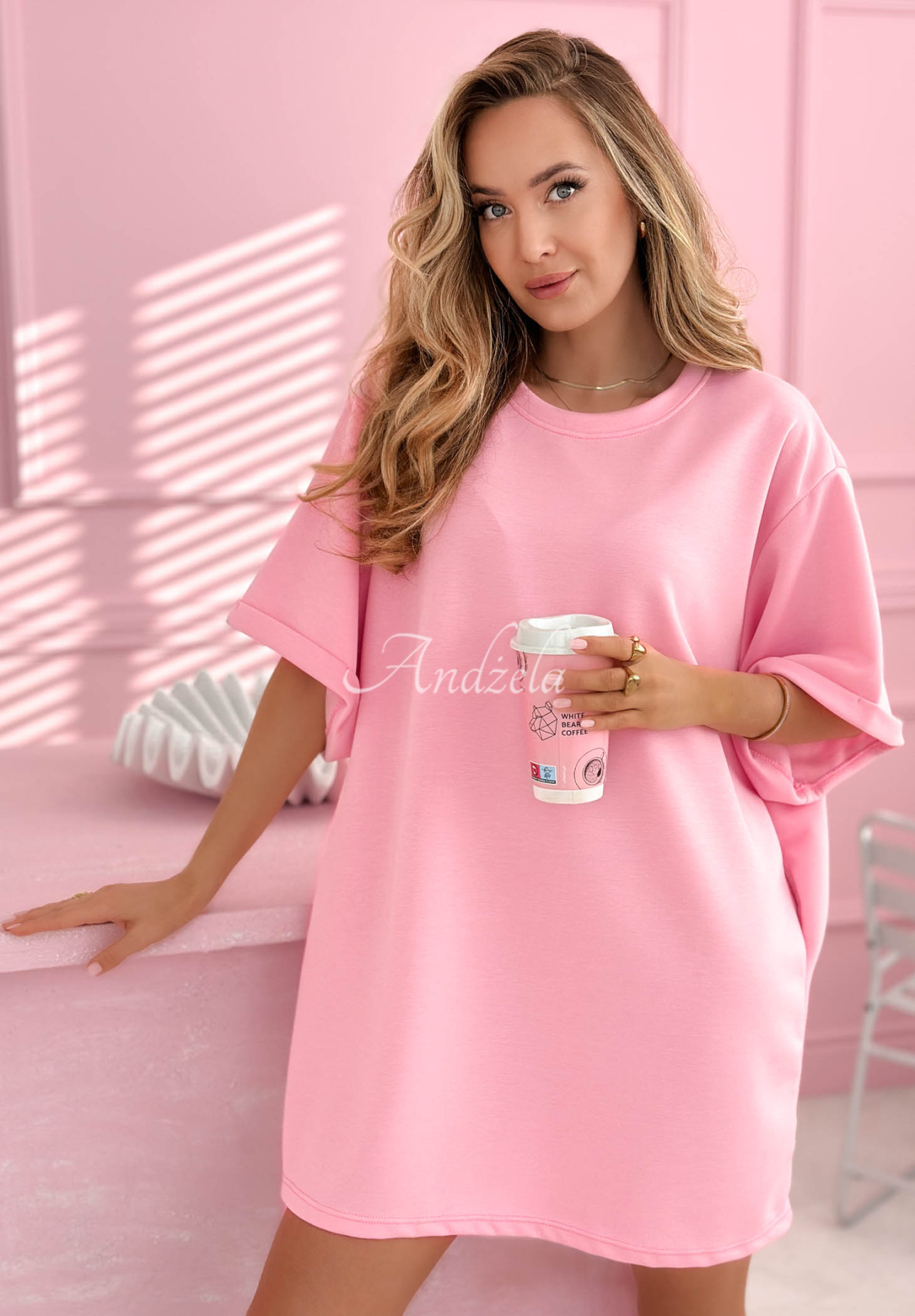 Długi T-shirt tunika masełko z wiskozą Base Babe różowy