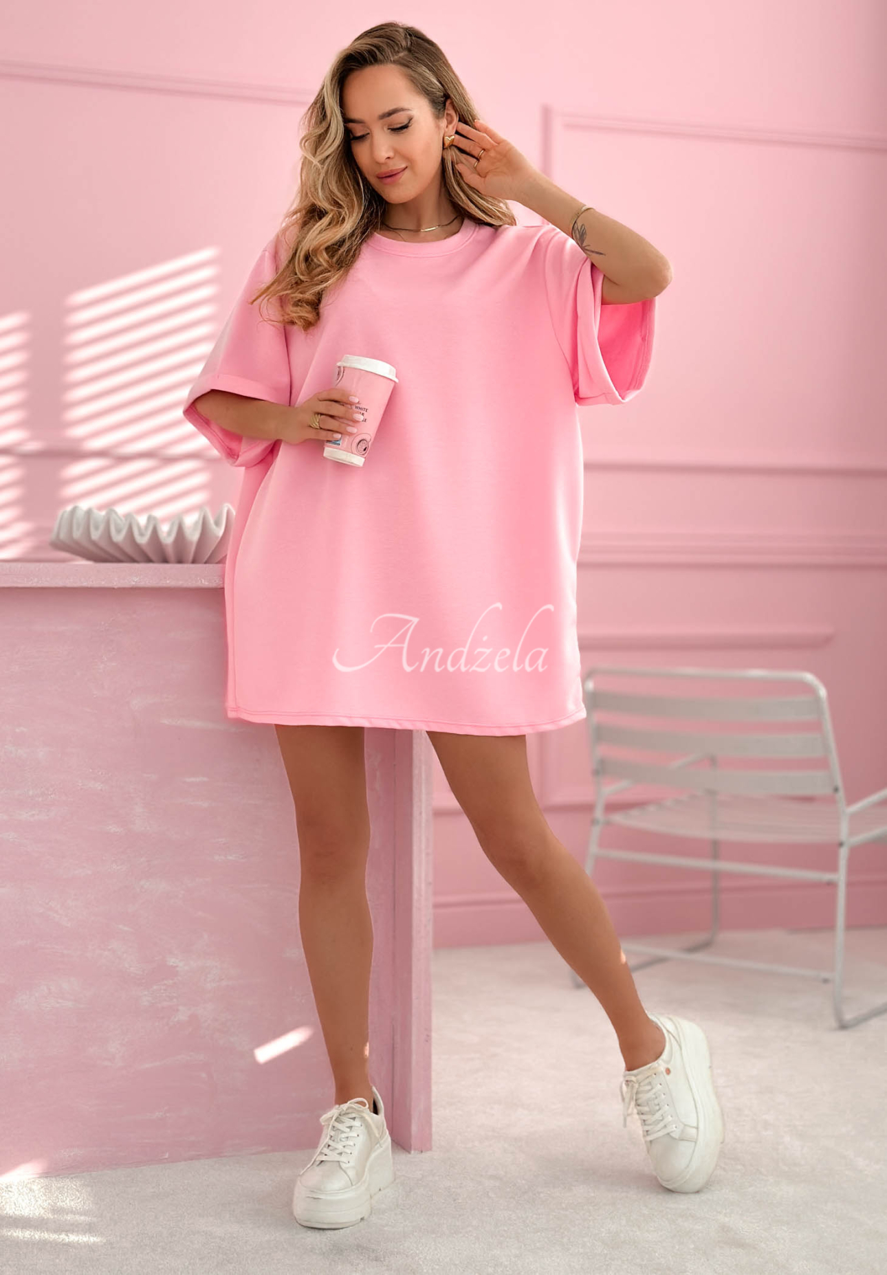 Długi T-shirt tunika masełko z wiskozą Base Babe różowy