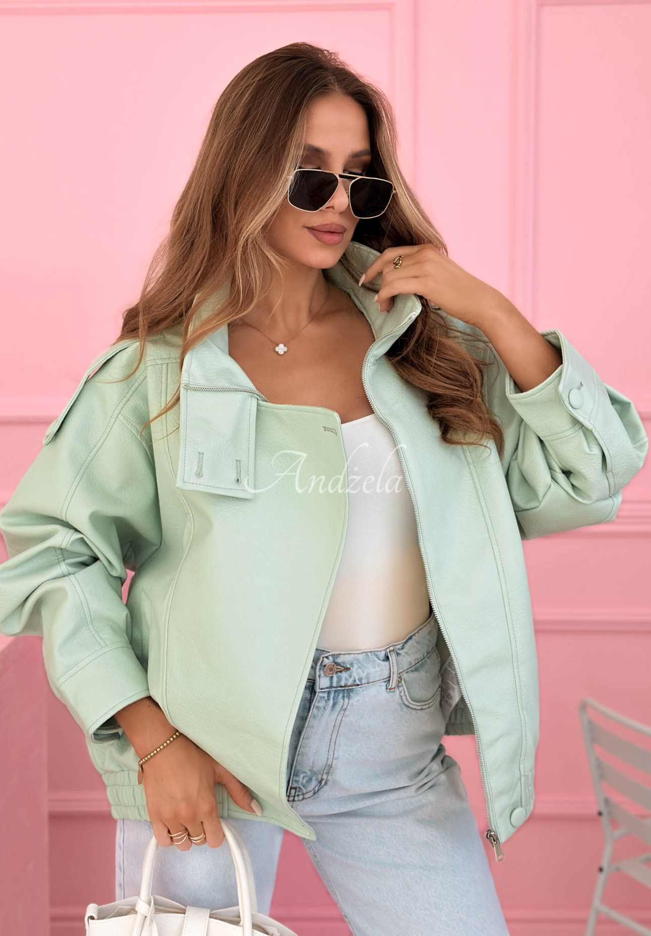 Messy pistachio leather bomber jacket