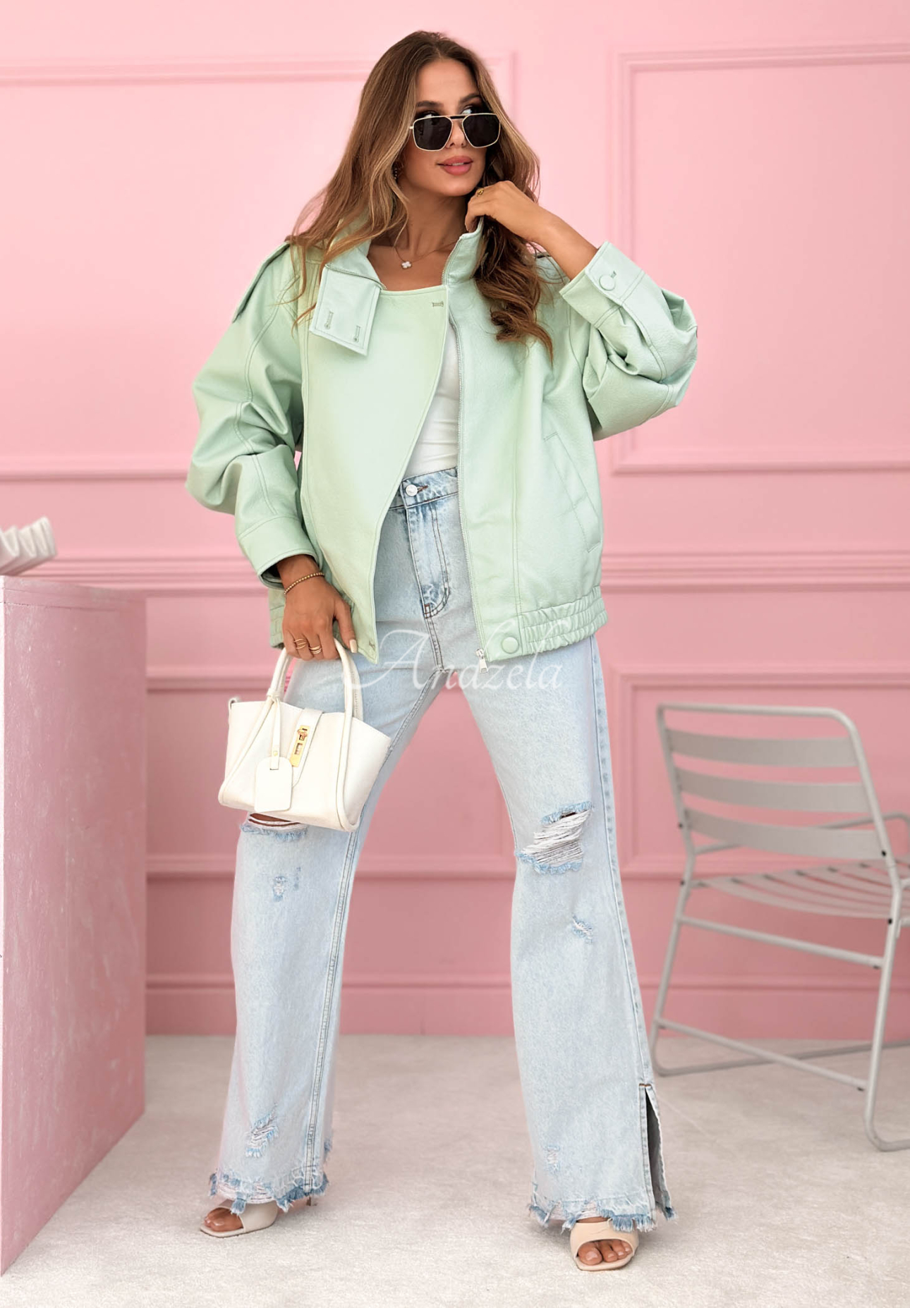 Messy pistachio leather bomber jacket