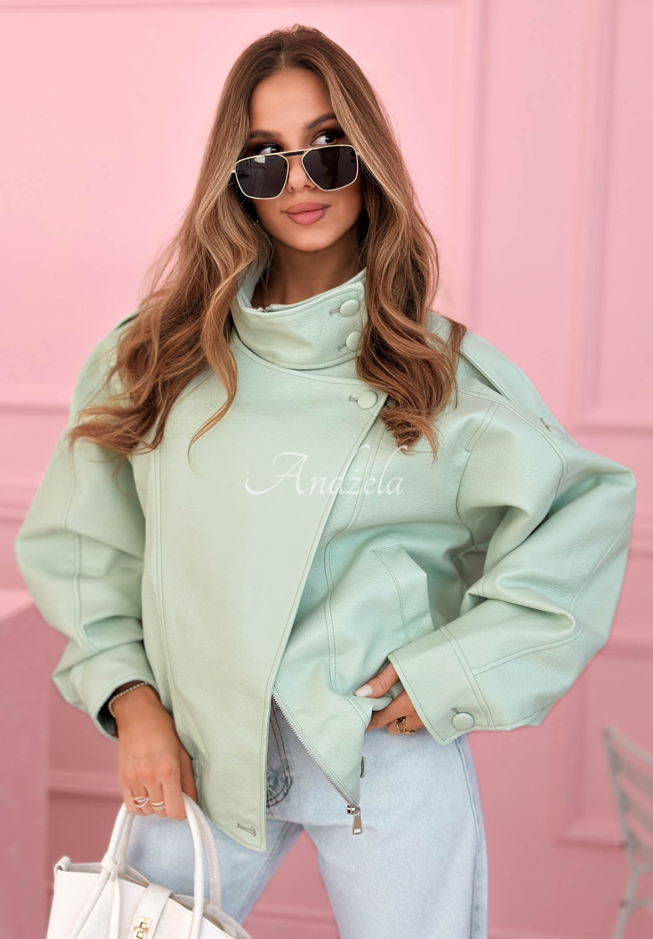 Messy pistachio leather bomber jacket