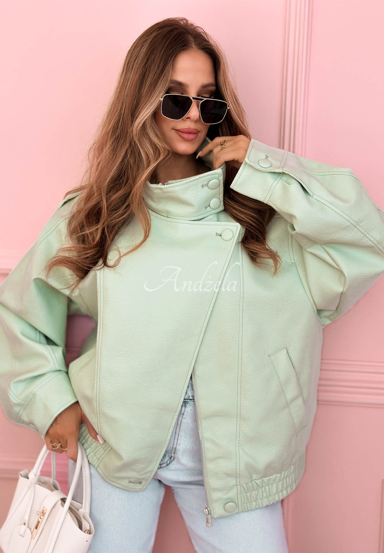 Messy pistachio leather bomber jacket