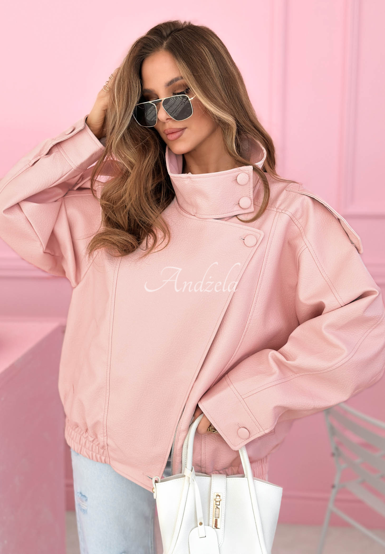 Messy powder pink leather bomber jacket