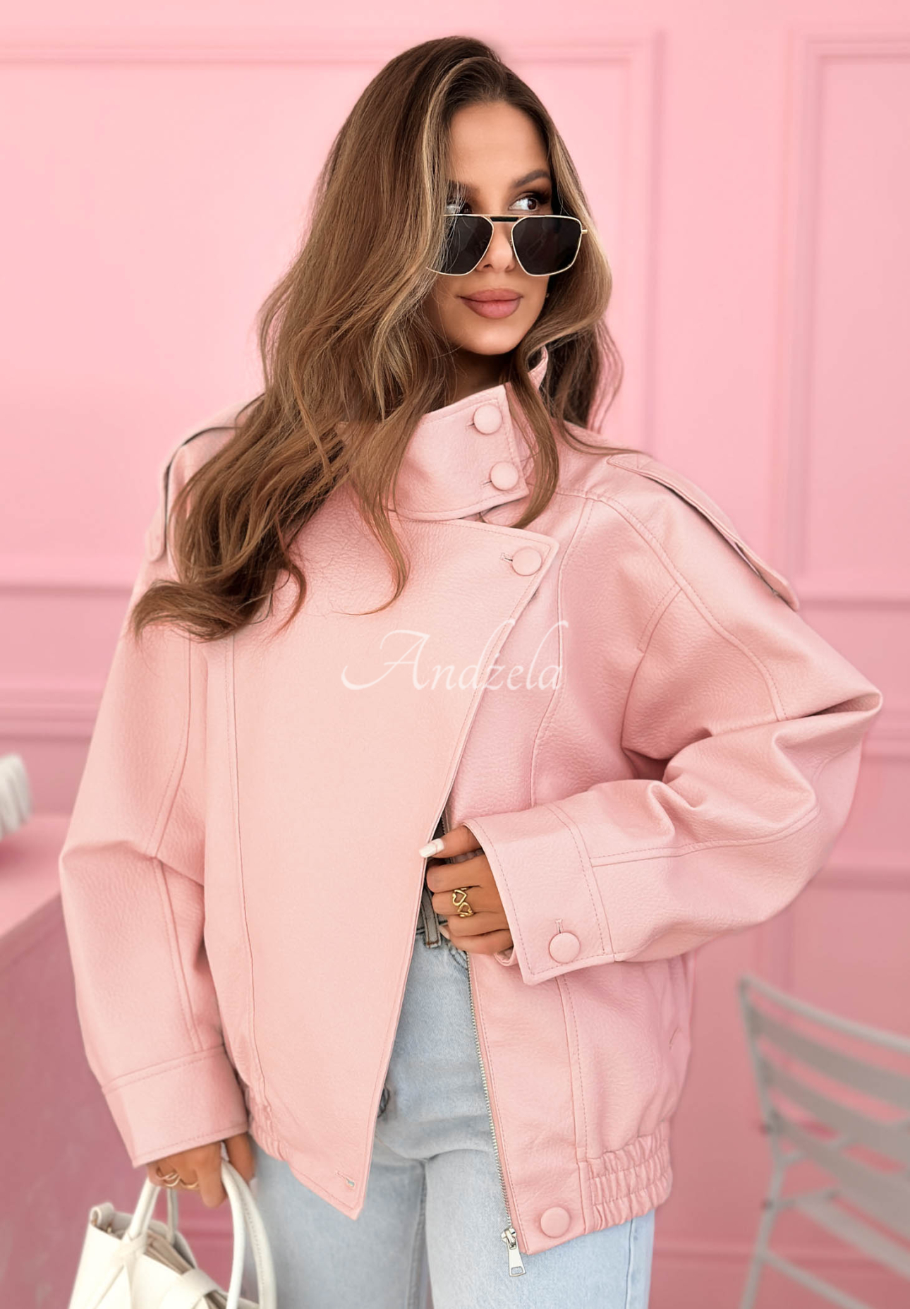 Messy powder pink leather bomber jacket