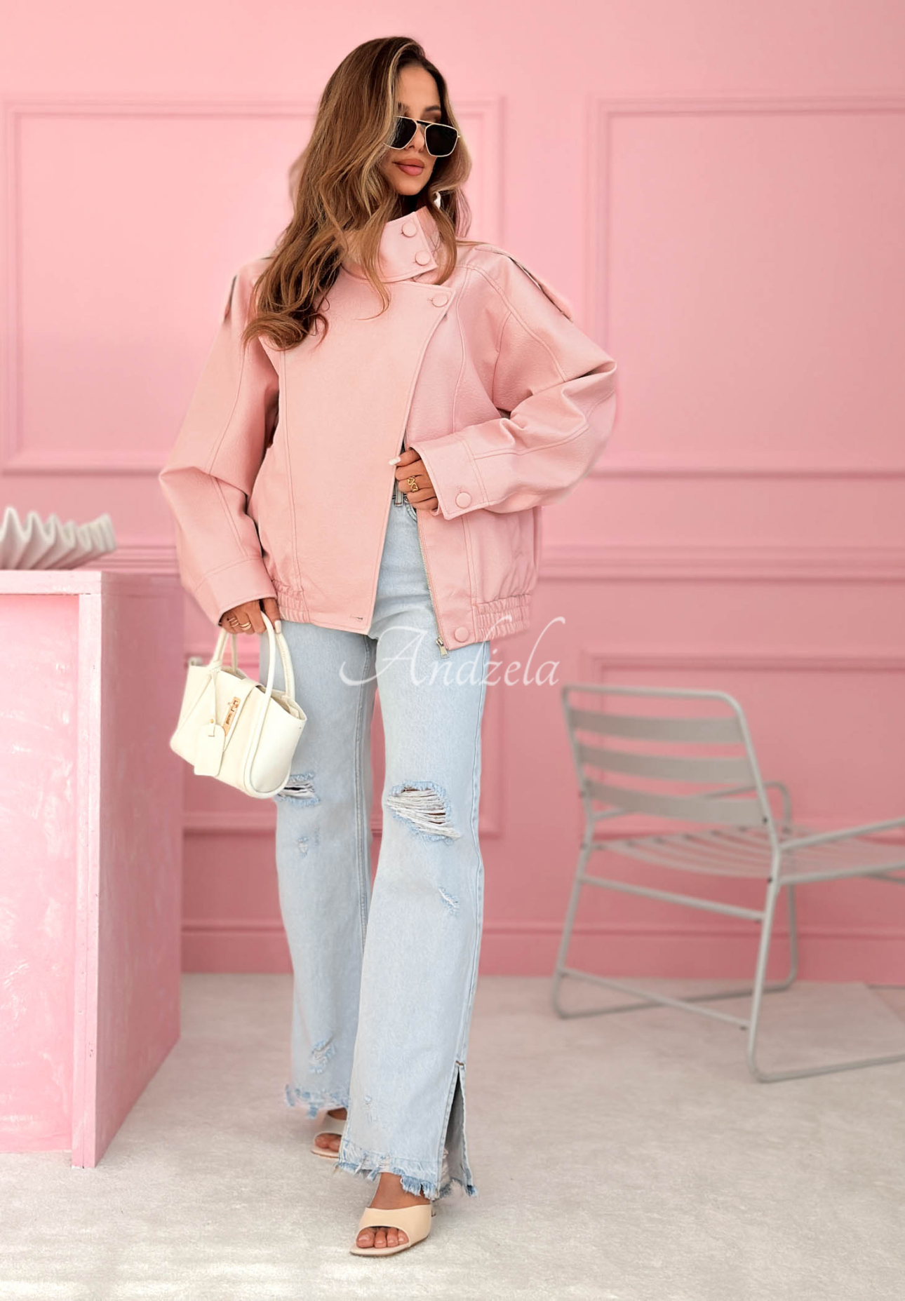 Messy powder pink leather bomber jacket