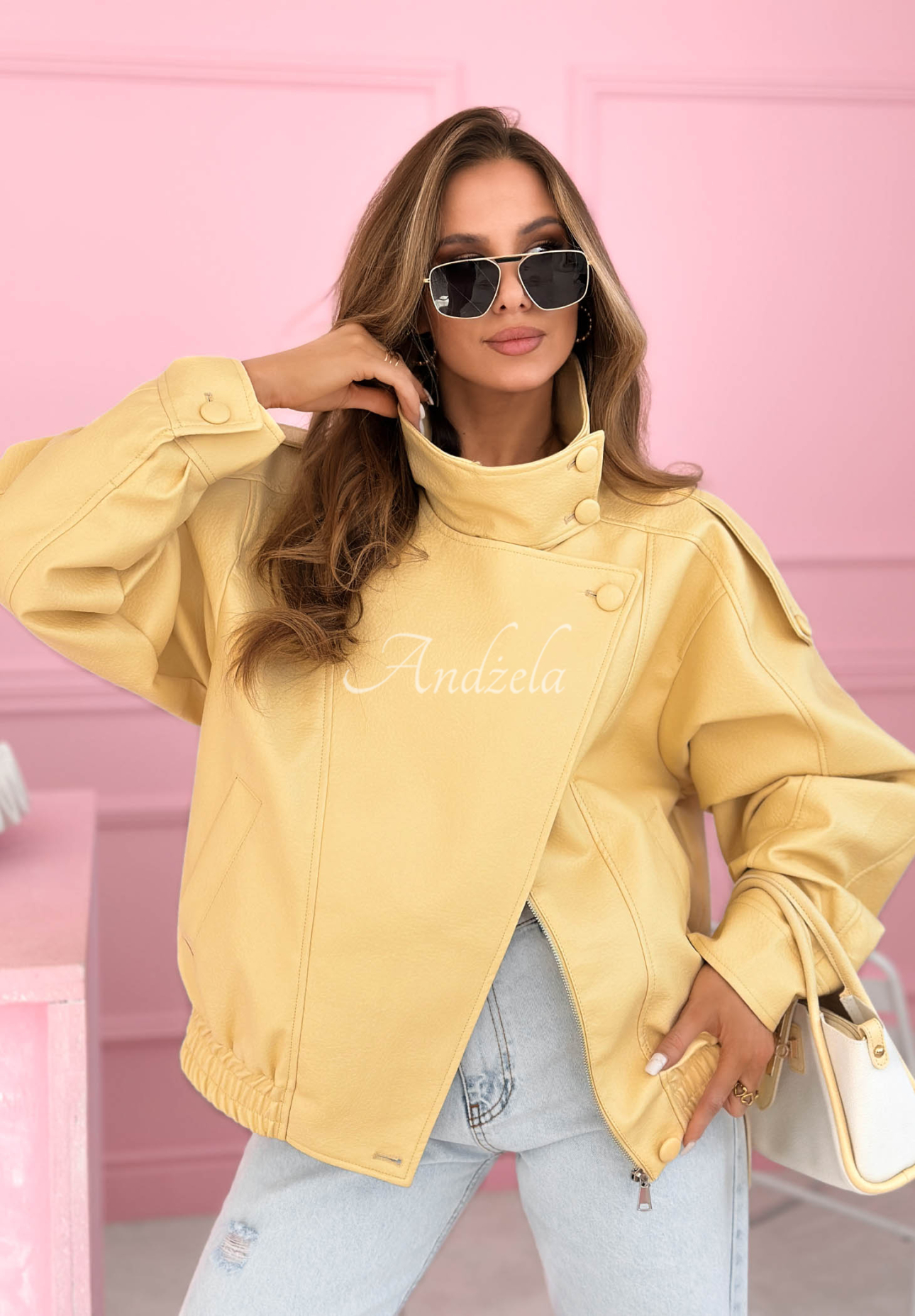 Messy yellow leather bomber jacket