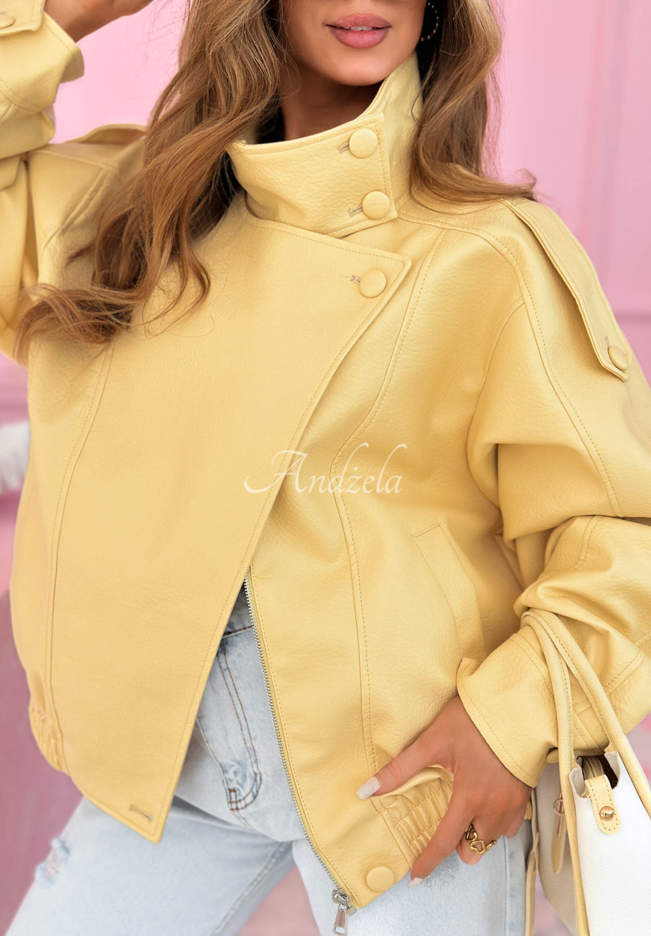 Messy yellow leather bomber jacket