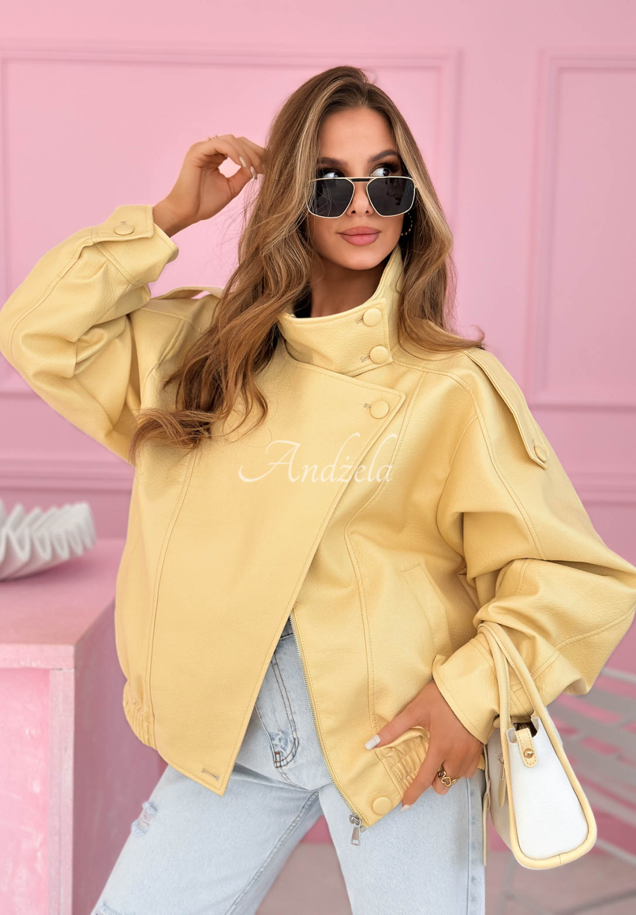 Messy yellow leather bomber jacket