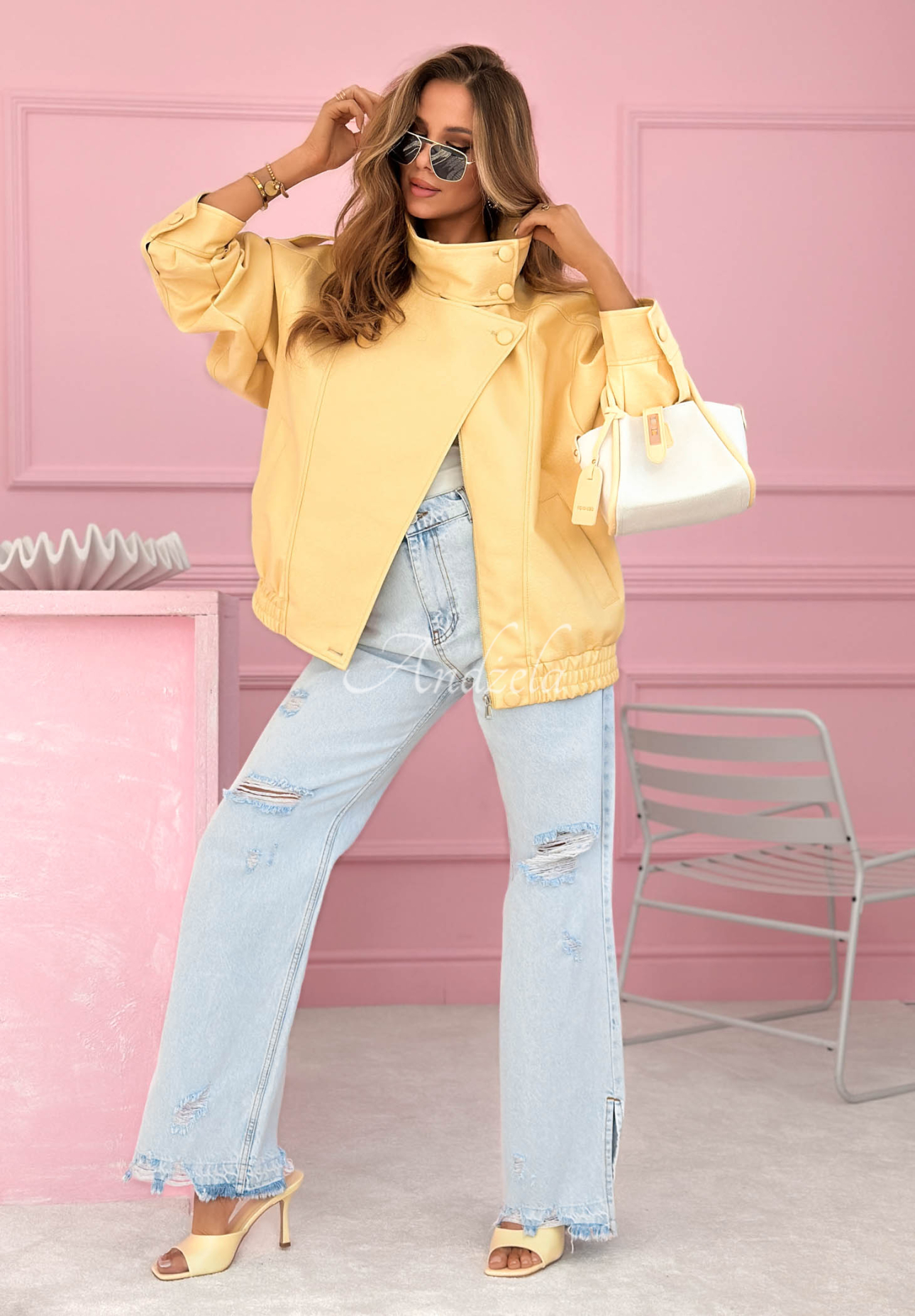 Skórzana kurtka bomberka Messy żółta