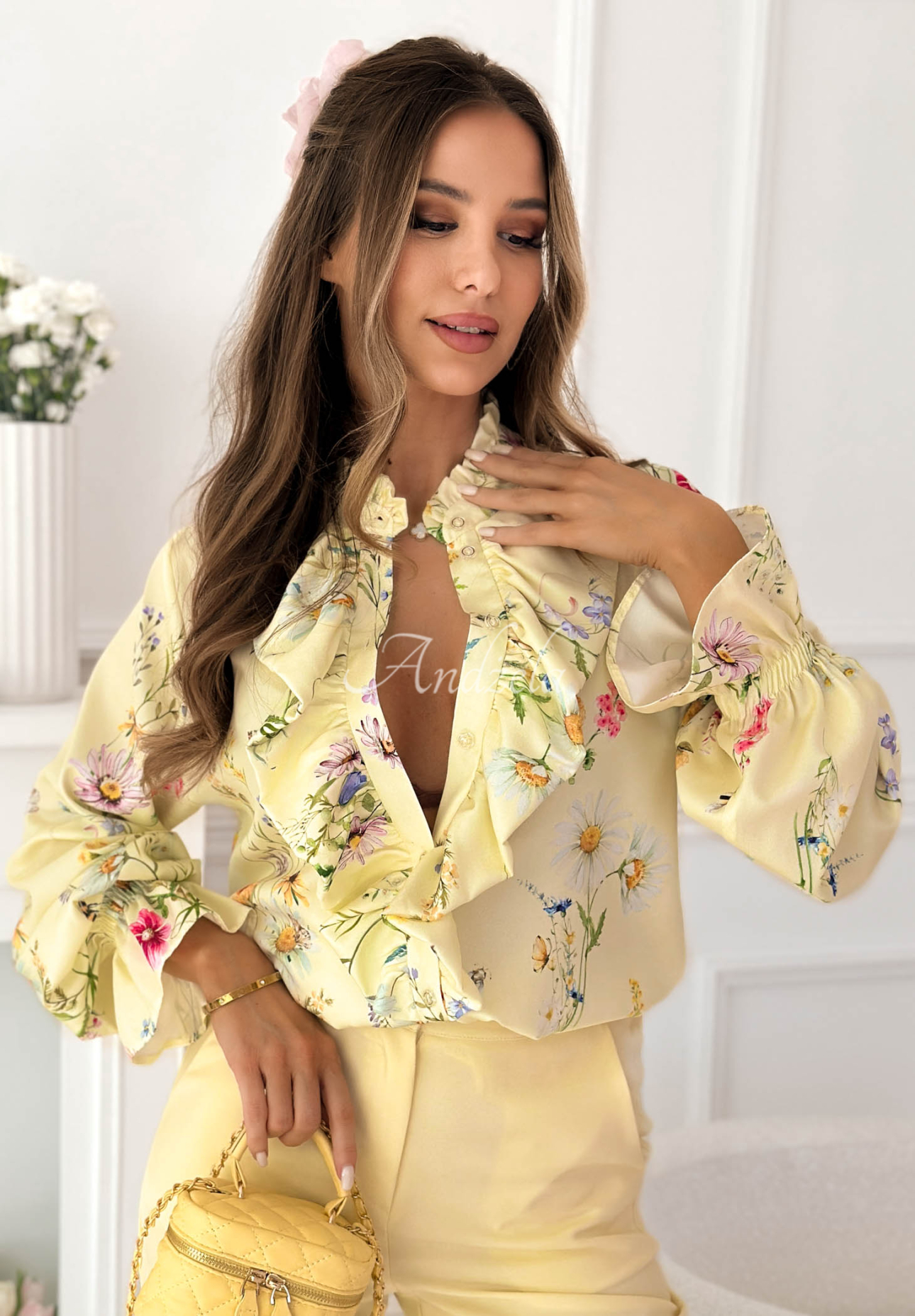 Miriam yellow viscose shirt with floral print and frill