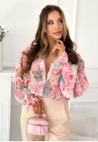 Wzorzysta koszula z falbankami Annette różowa