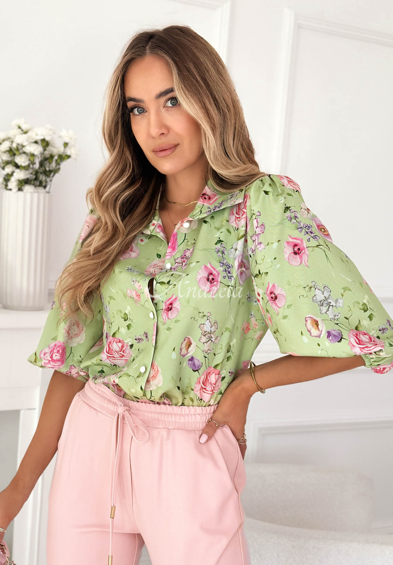 Floral shirt with puff sleeves and pistachio Dakota viscose