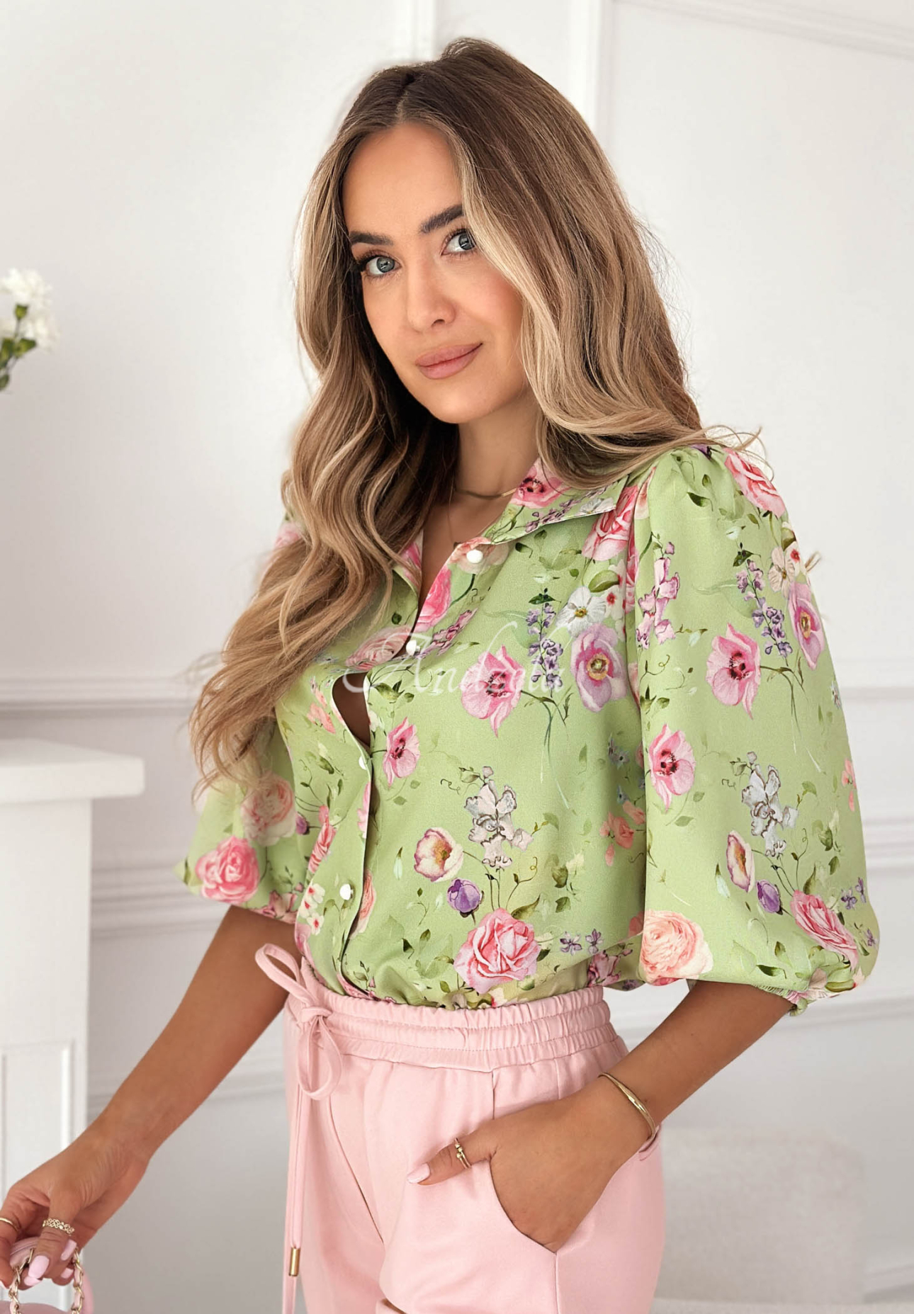 Floral shirt with puff sleeves and pistachio Dakota viscose