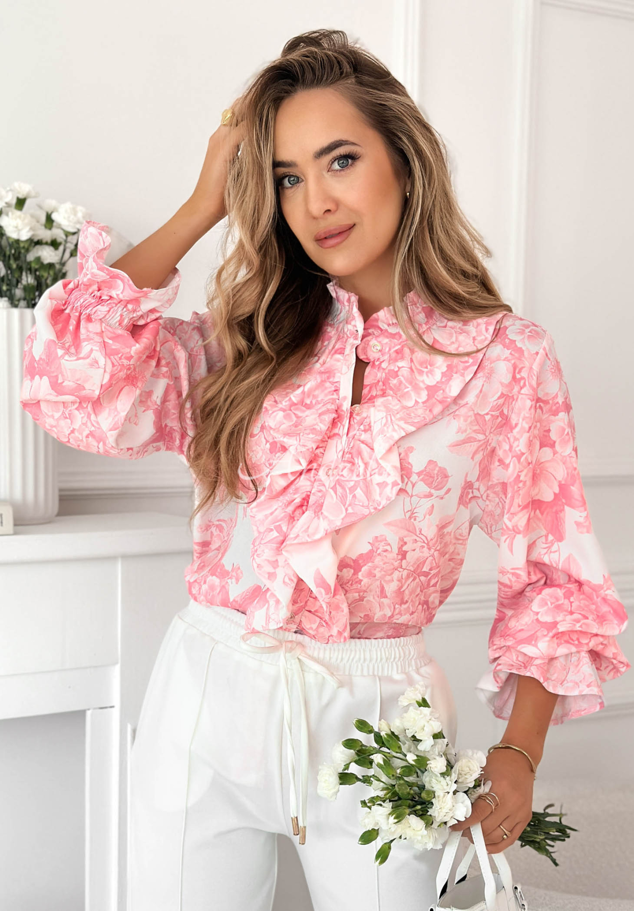 Dorotha pink viscose floral shirt with frill