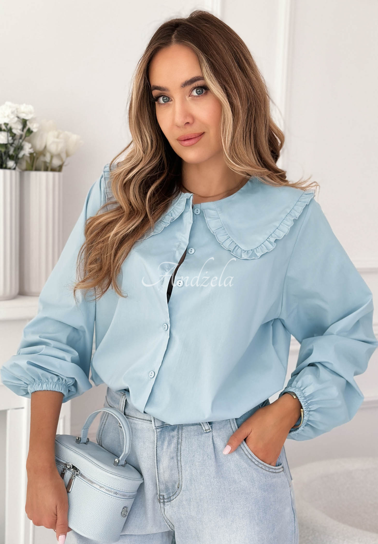 Wiskozowa koszula z ozdobnym kołnierzem Martha błękitna