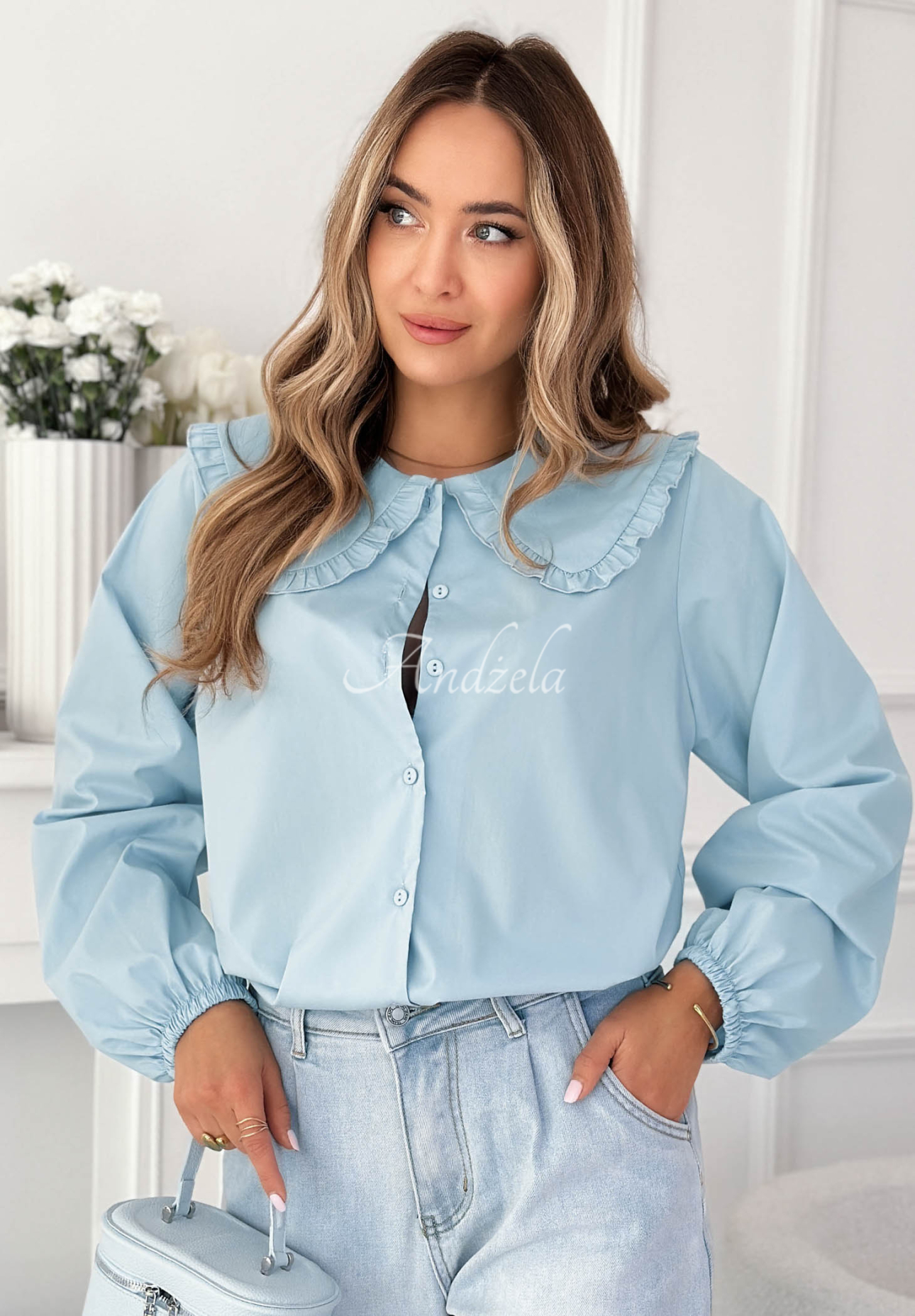 Martha blue viscose shirt with decorative collar