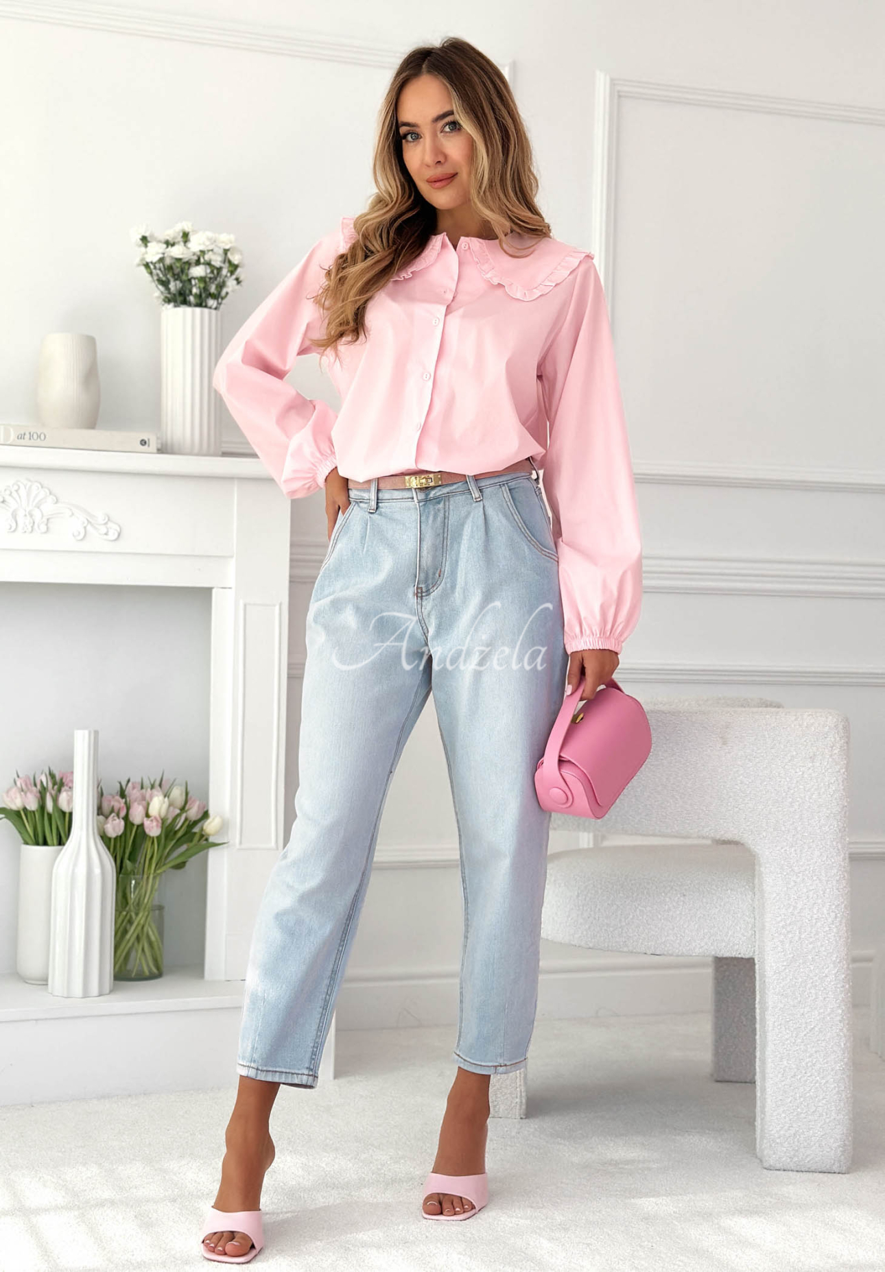 Martha powder pink viscose shirt with decorative collar