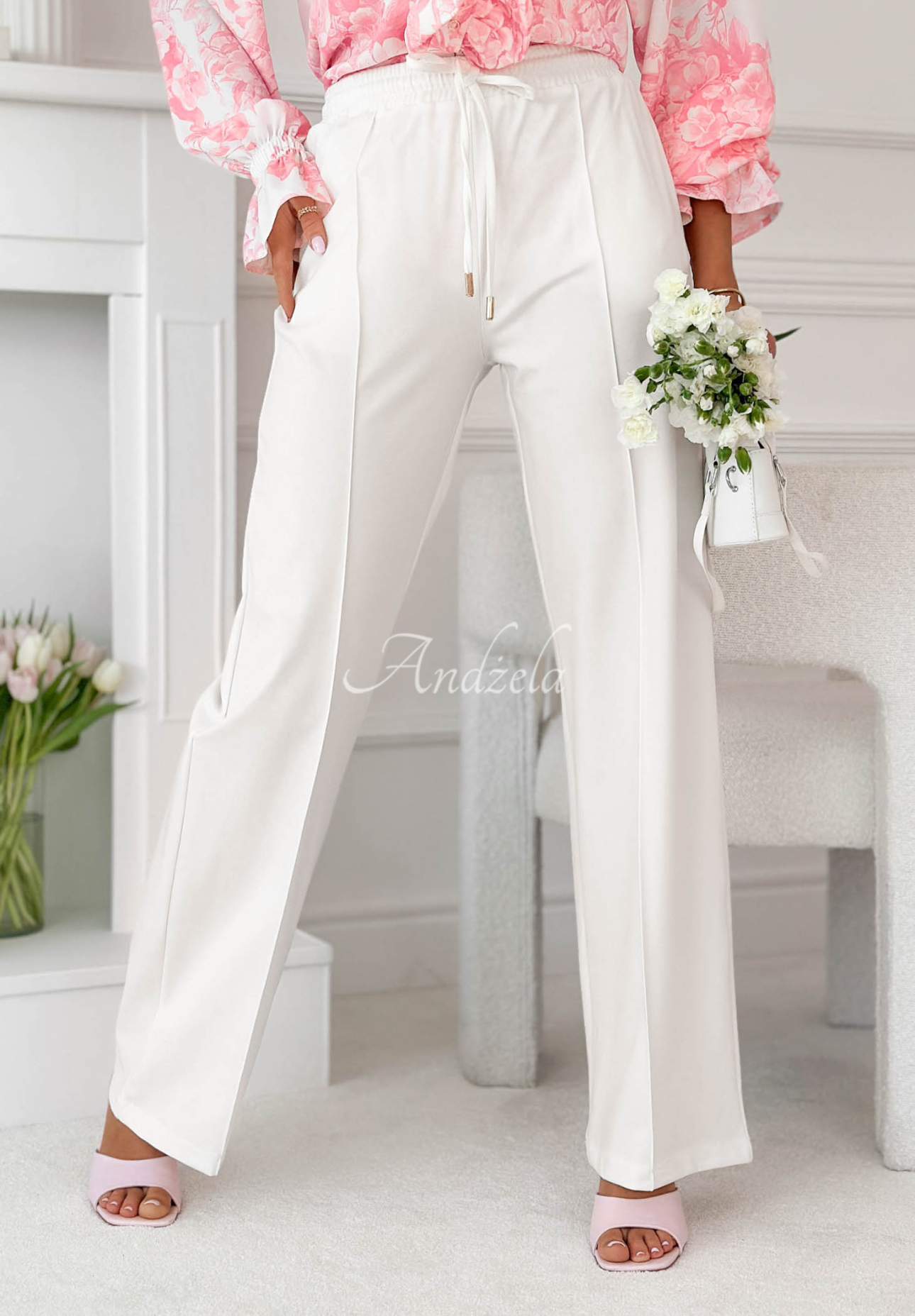 Look Here ecru viscose wide leg pants