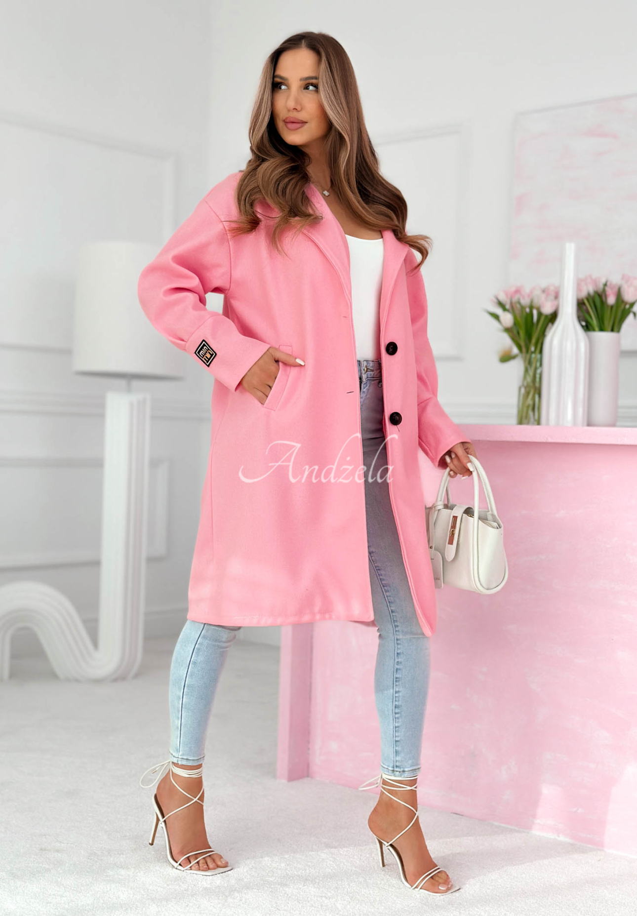 Long coat with Janette collar in powder pink