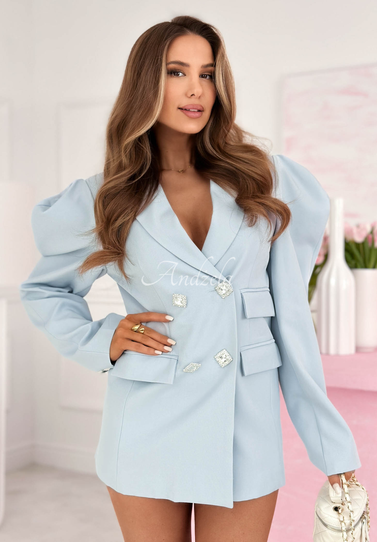 Sukienka marynarka z bufiastymi rękawami i bawełną Avenelle błękitna