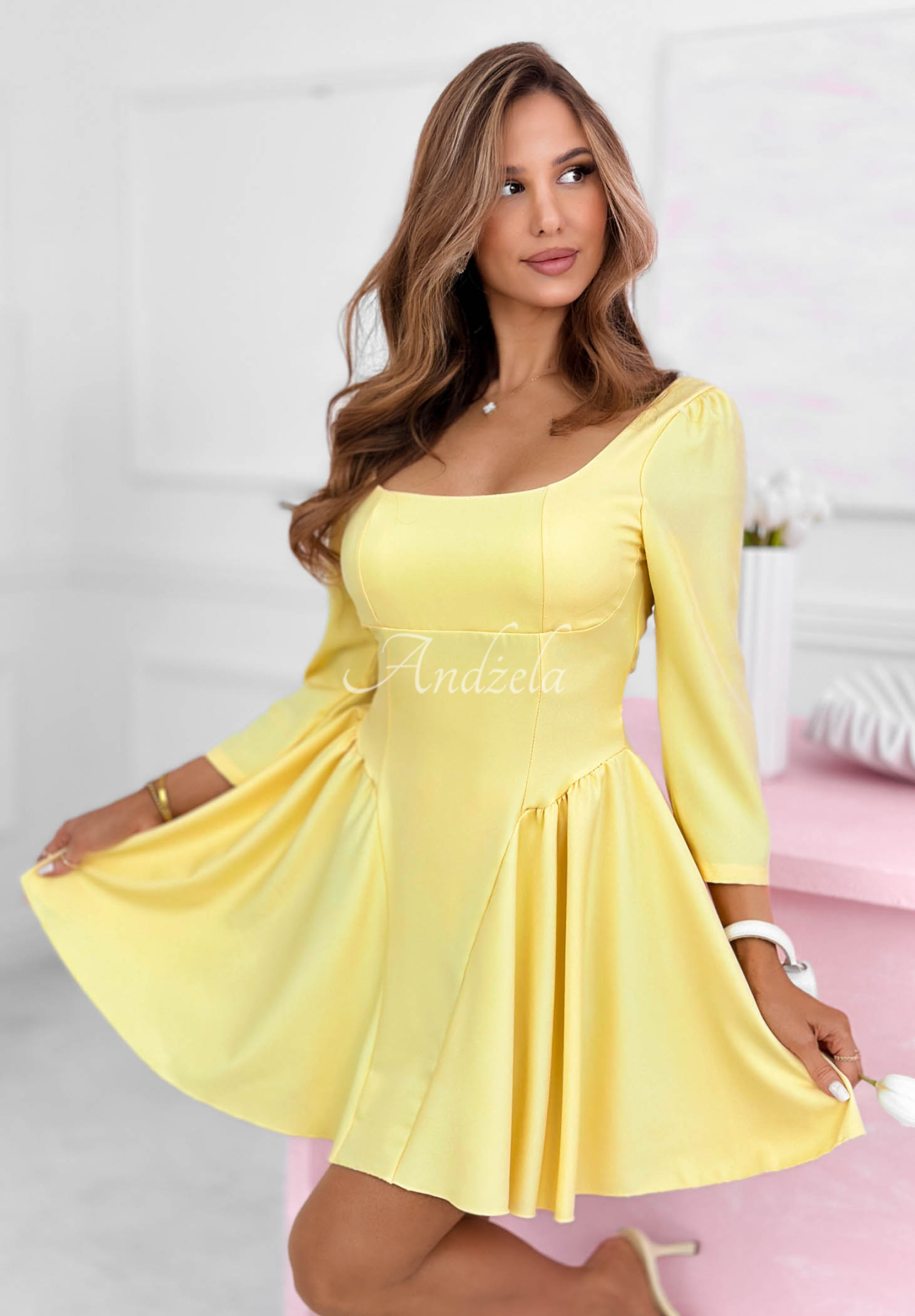 Flared mini dress with square neckline Good Luck Baby yellow