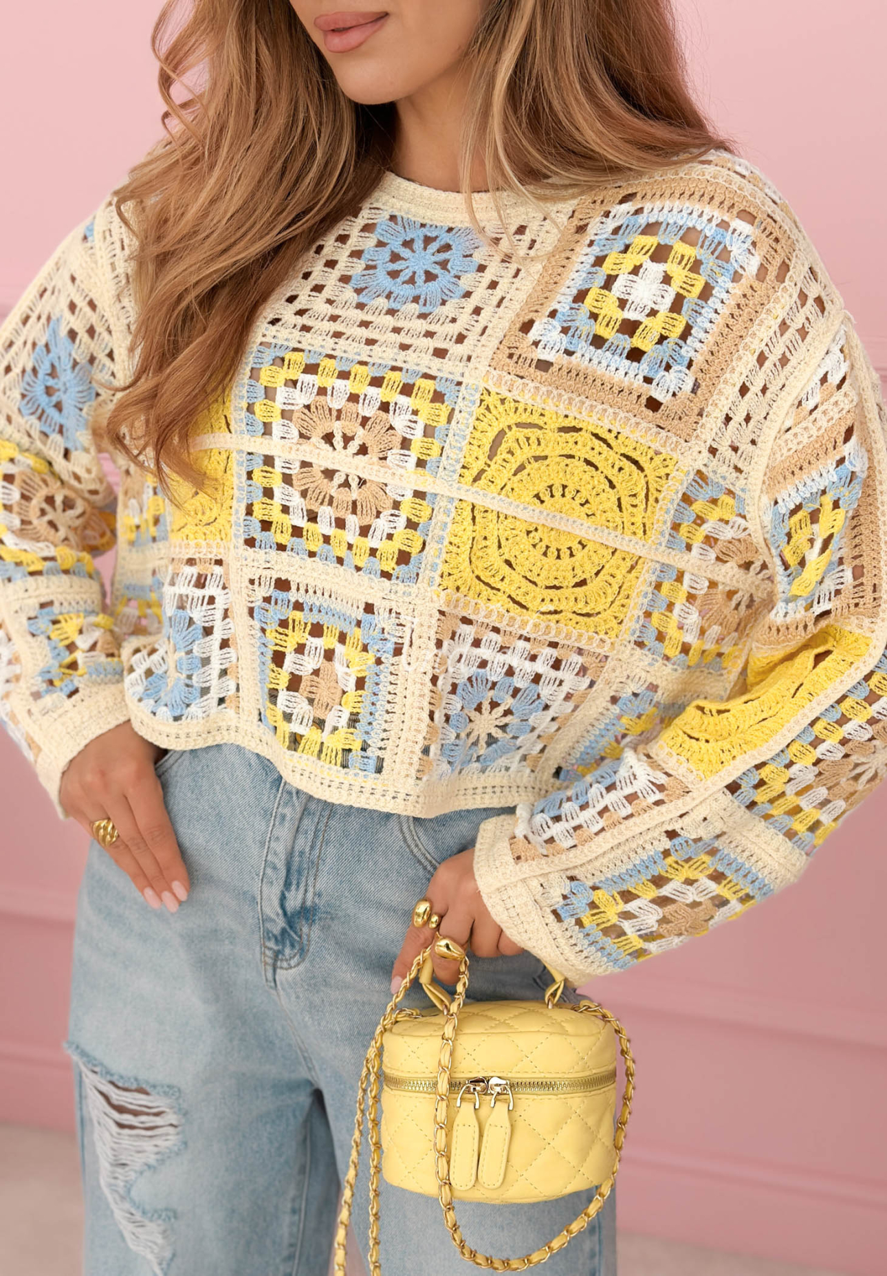 Ażurowy sweter boho Yasmine żółty