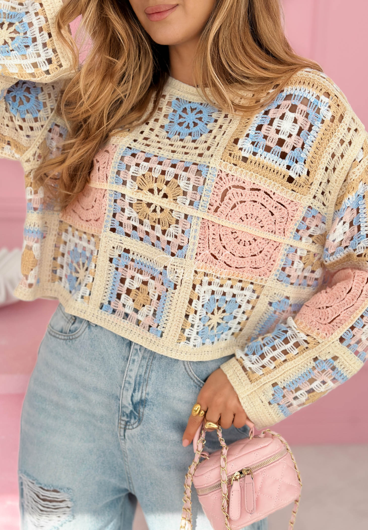 Yasmine pink openwork boho sweater