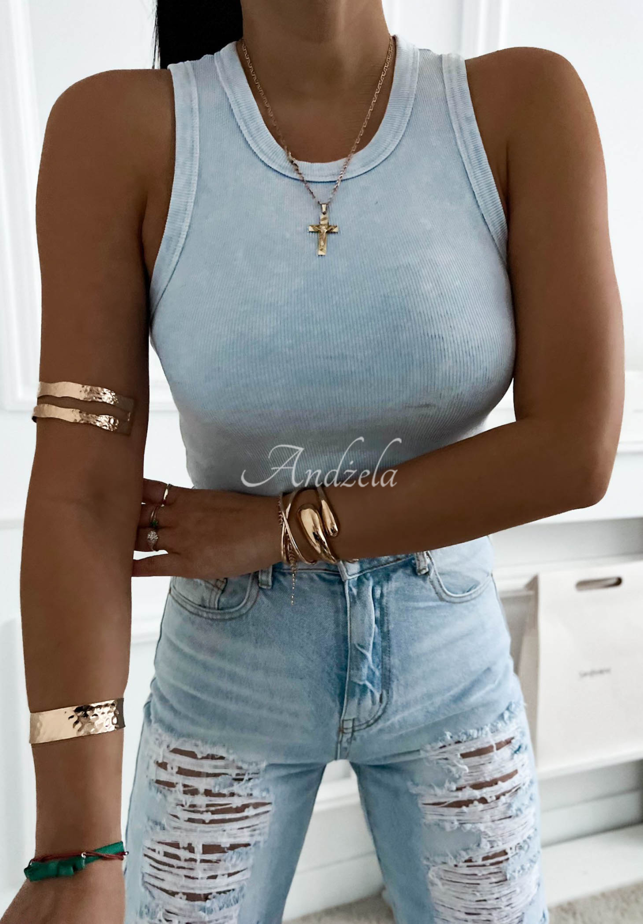 Prążkowany top na ramiączkach z bawełny Callie błękitny