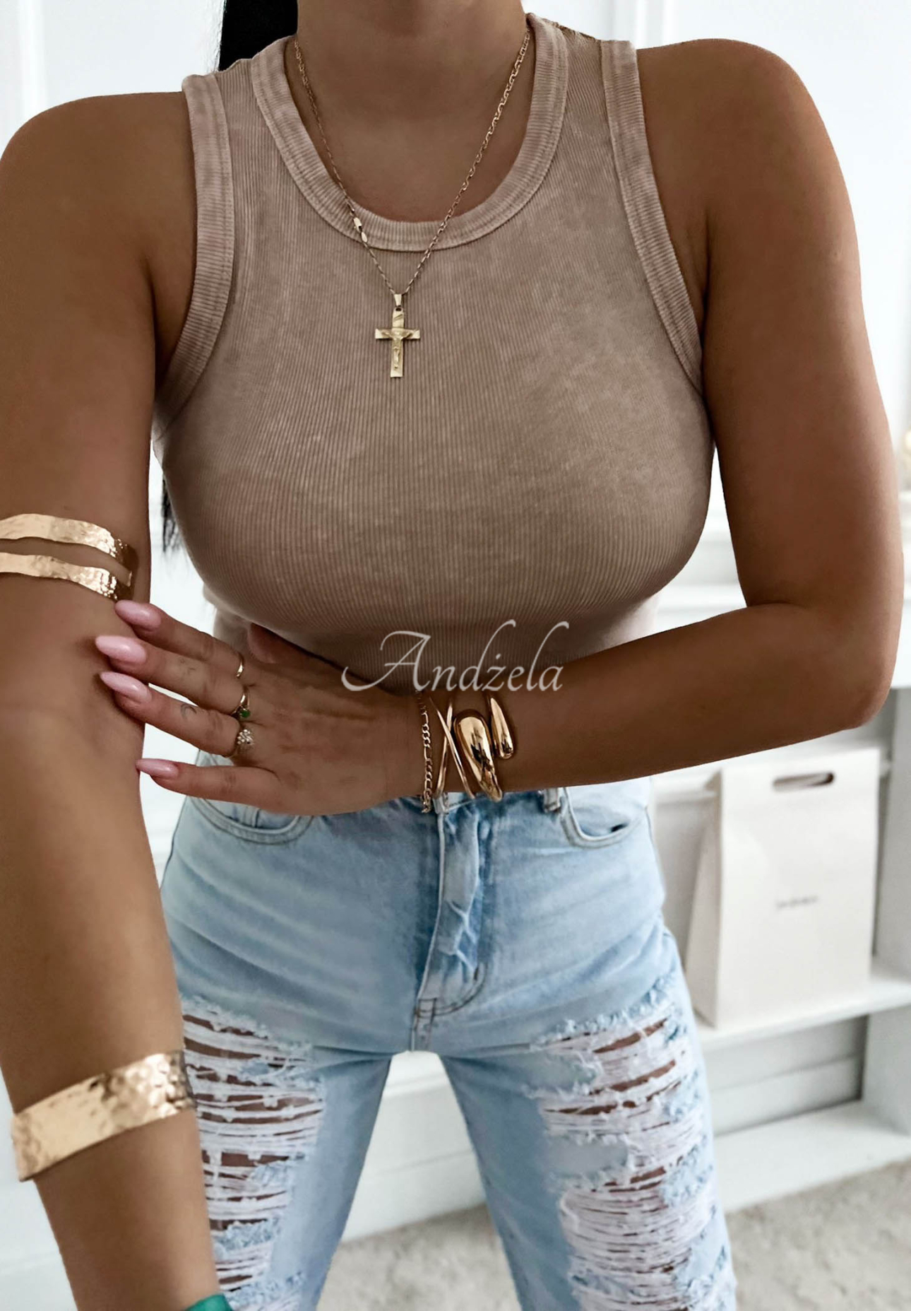 Callie beige striped cotton tank top with straps