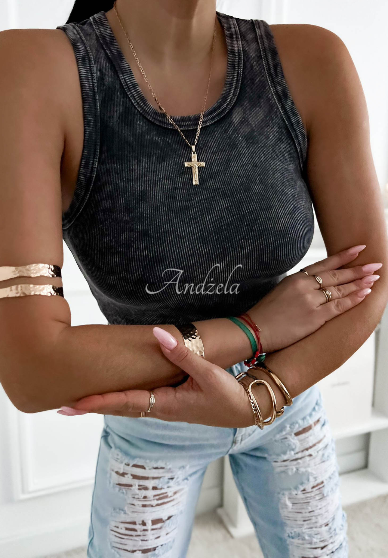 Prążkowany top na ramiączkach z bawełny Callie ciemnoszary