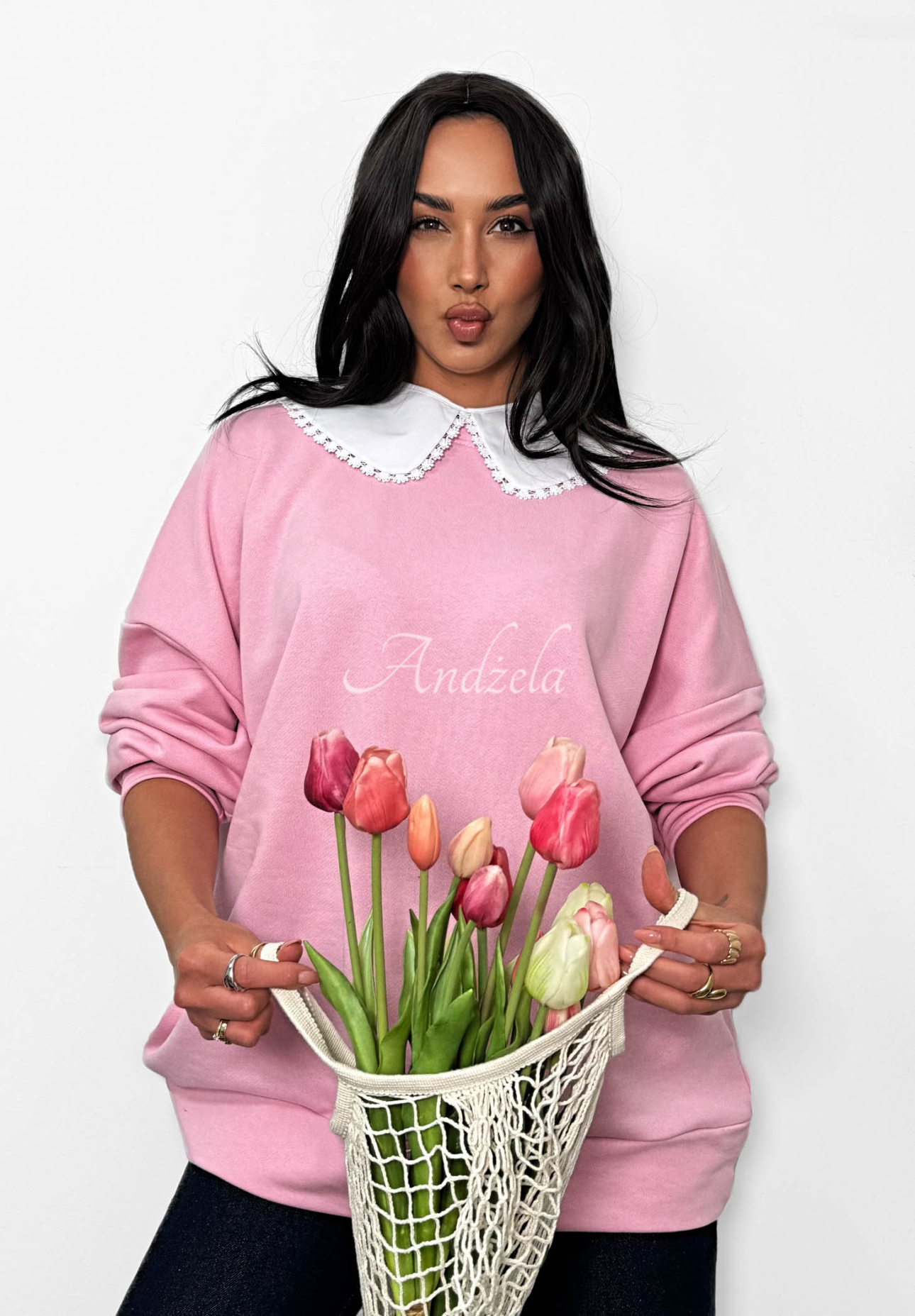 La Milla Kimberly pink cotton sweatshirt with tie-up collar