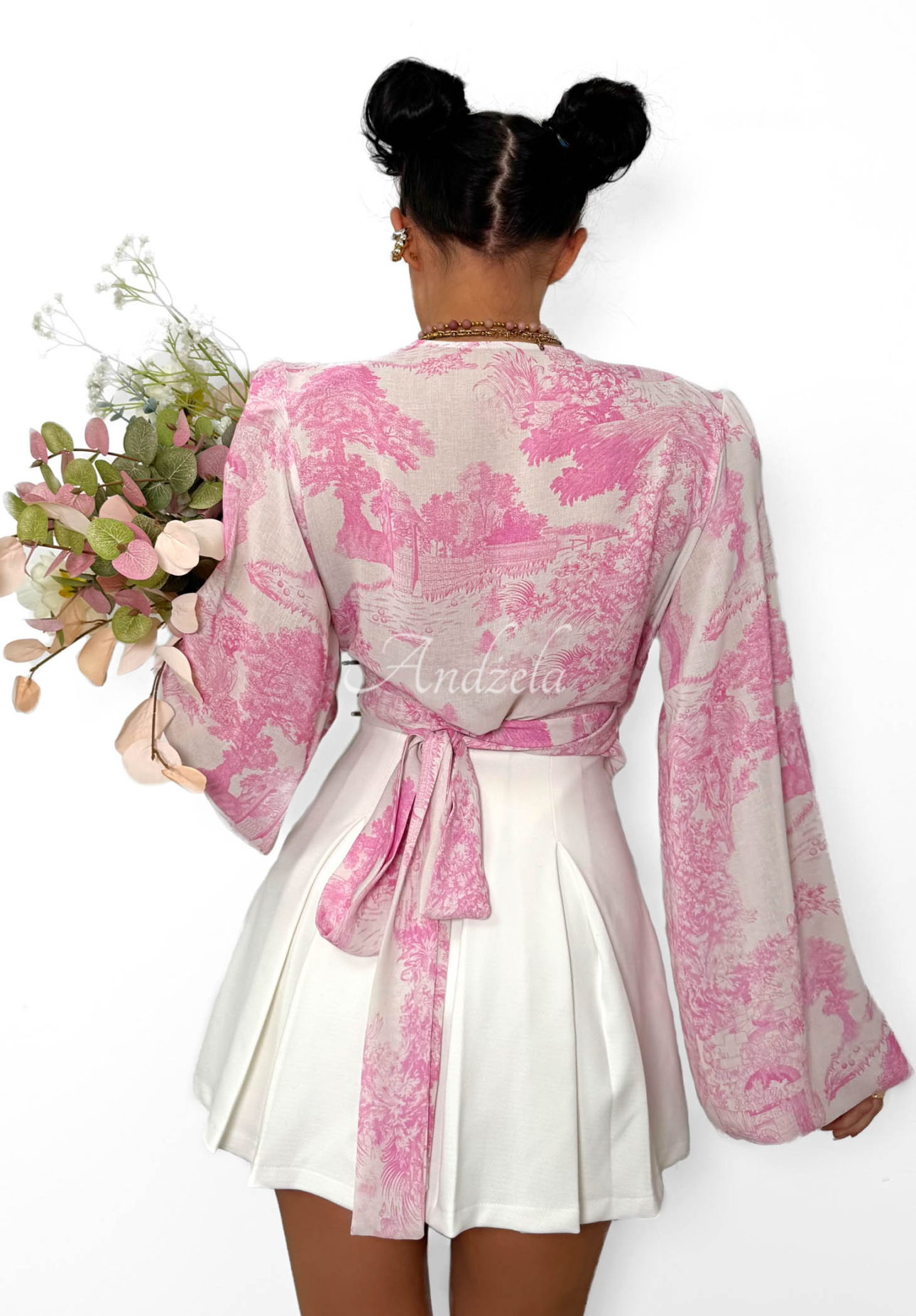 Wiskozowa wiązana bluzka we wzory La Milla Angelina różowa