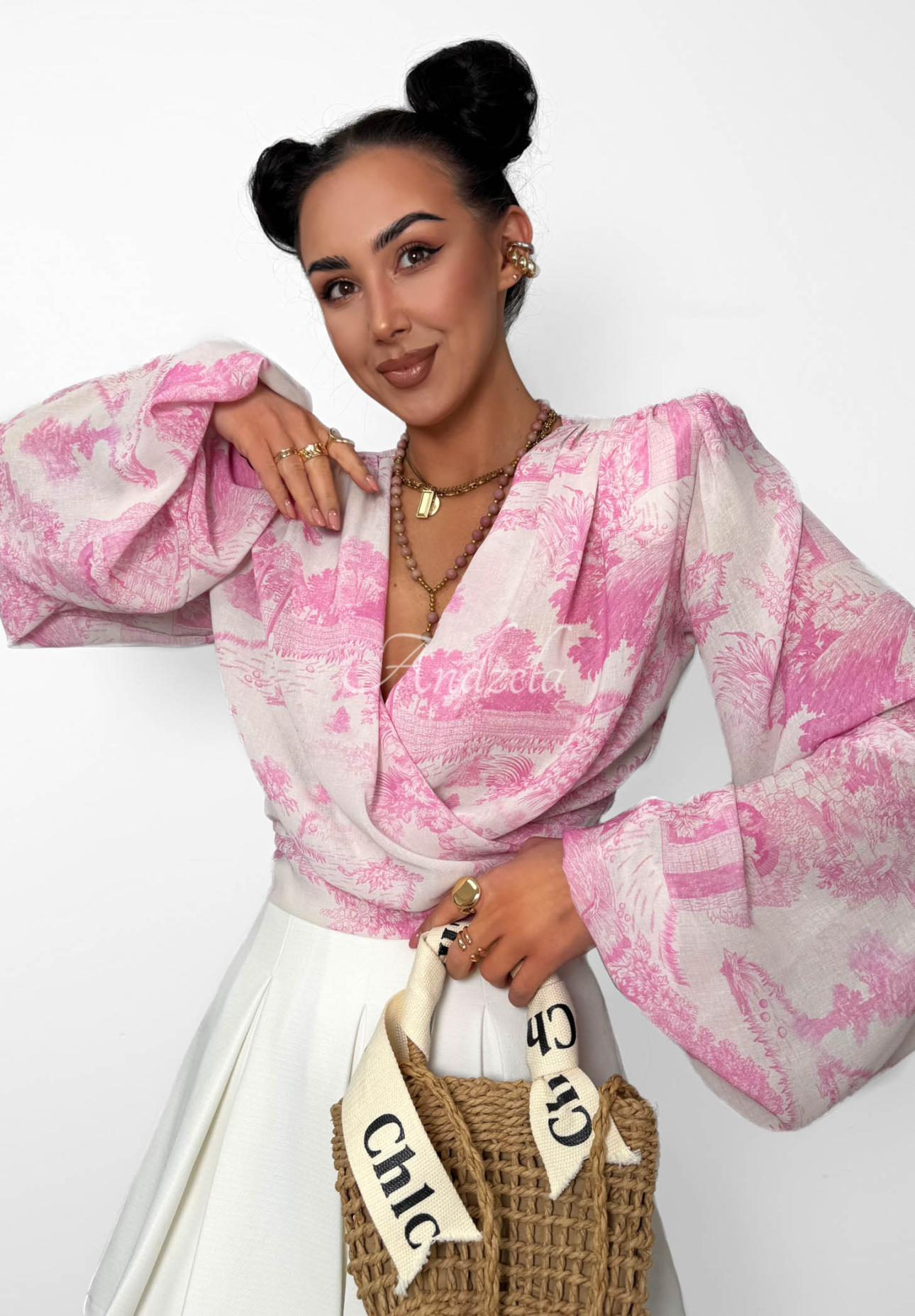 Wiskozowa wiązana bluzka we wzory La Milla Angelina różowa