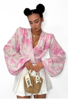 Wzorzysta bluzka z dekoltem na zakładkę La Milla Angelina beżowo-różowa