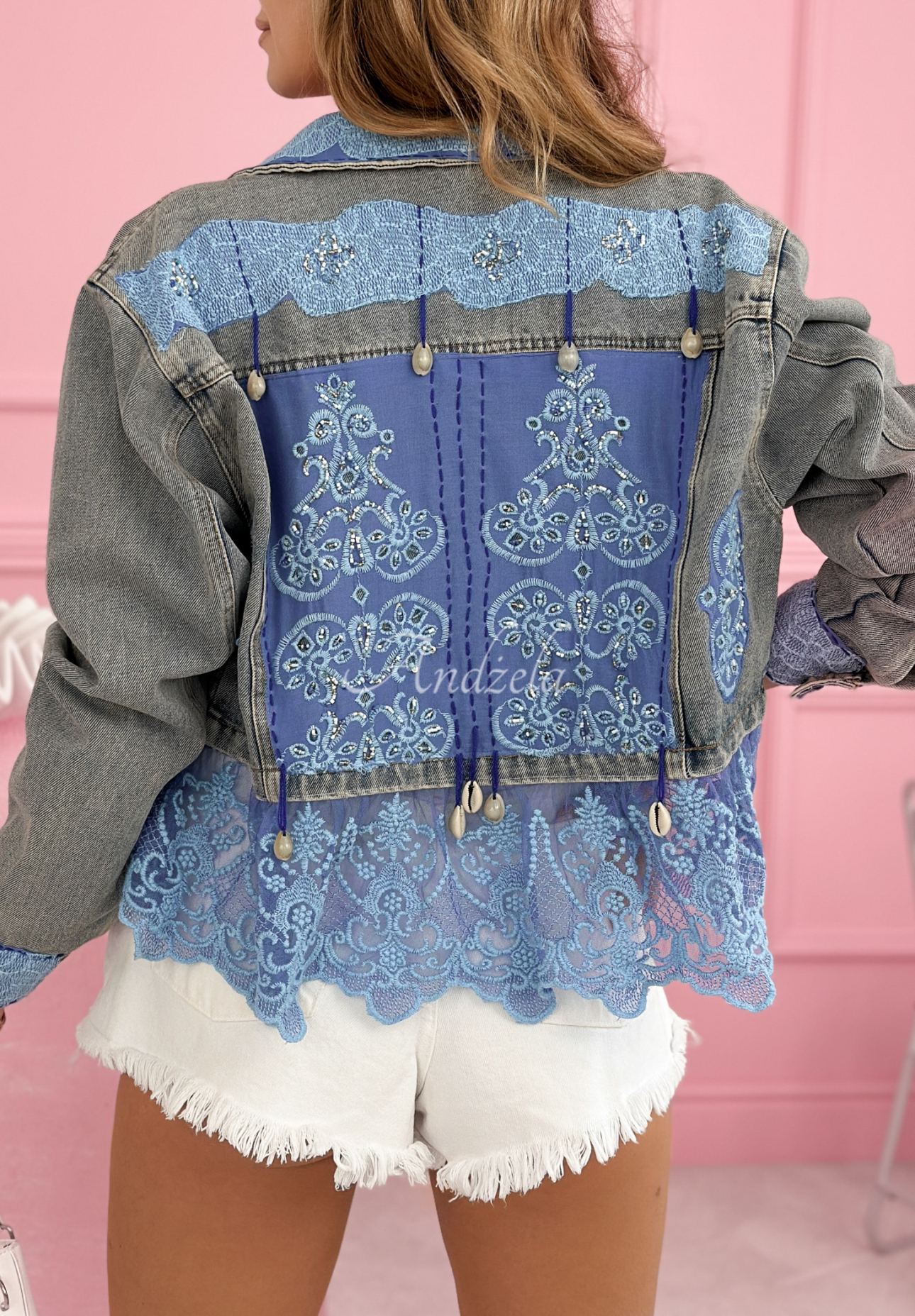 Seranella light blue short denim jacket with lace