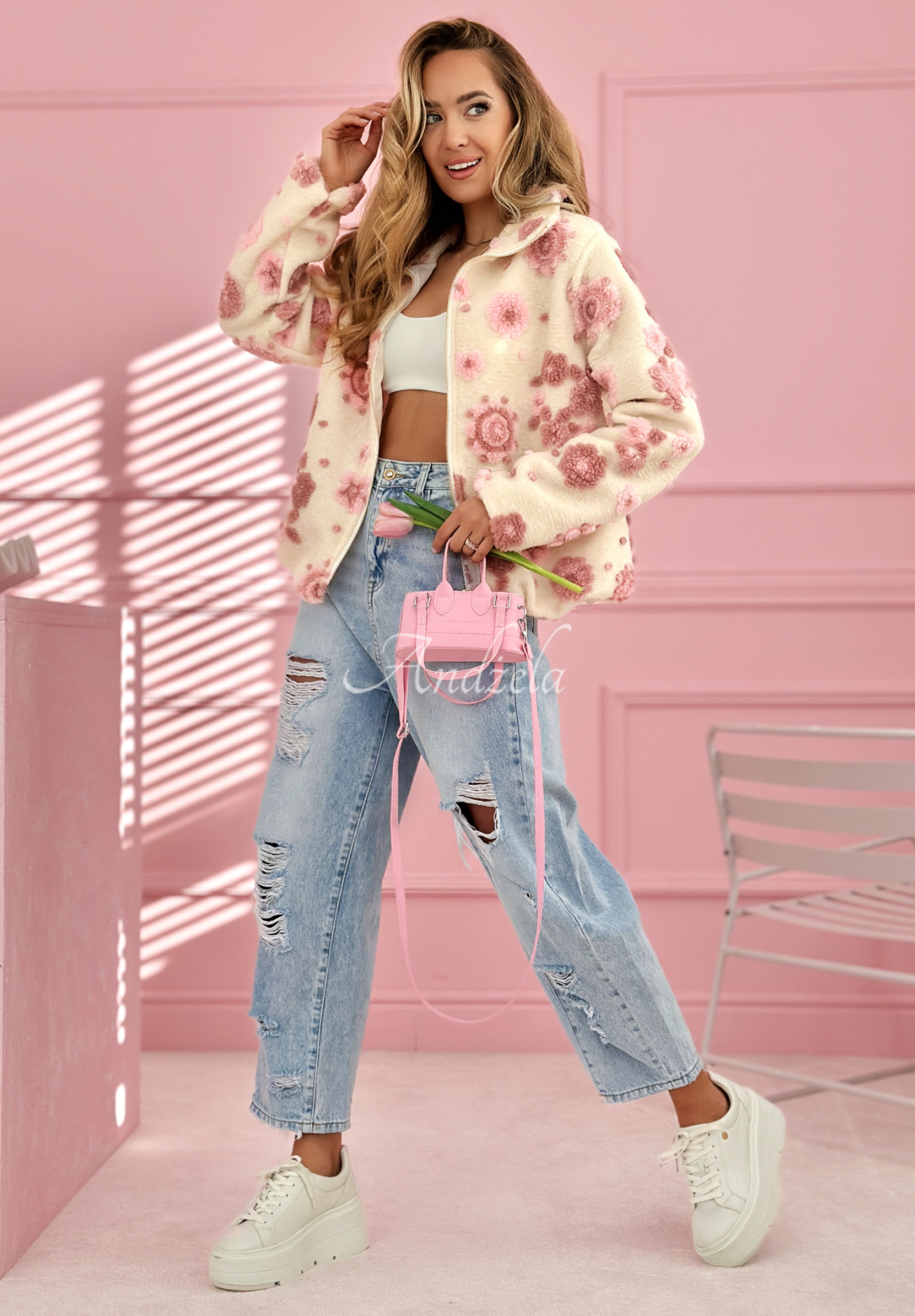 Avalisse white and pink floral stand-up collar jacket