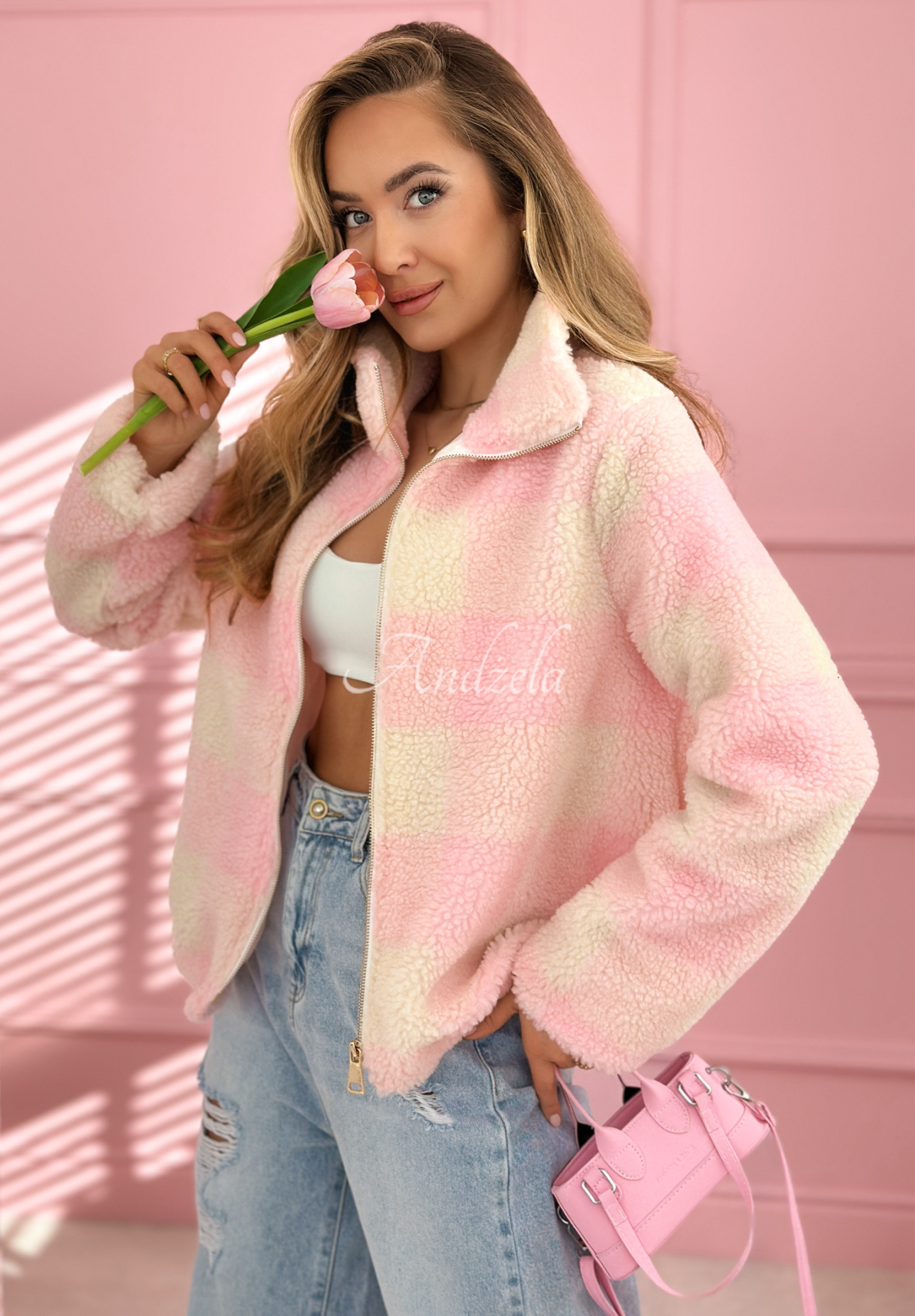 Cleo white and pink plaid fleece jacket with stand-up collar
