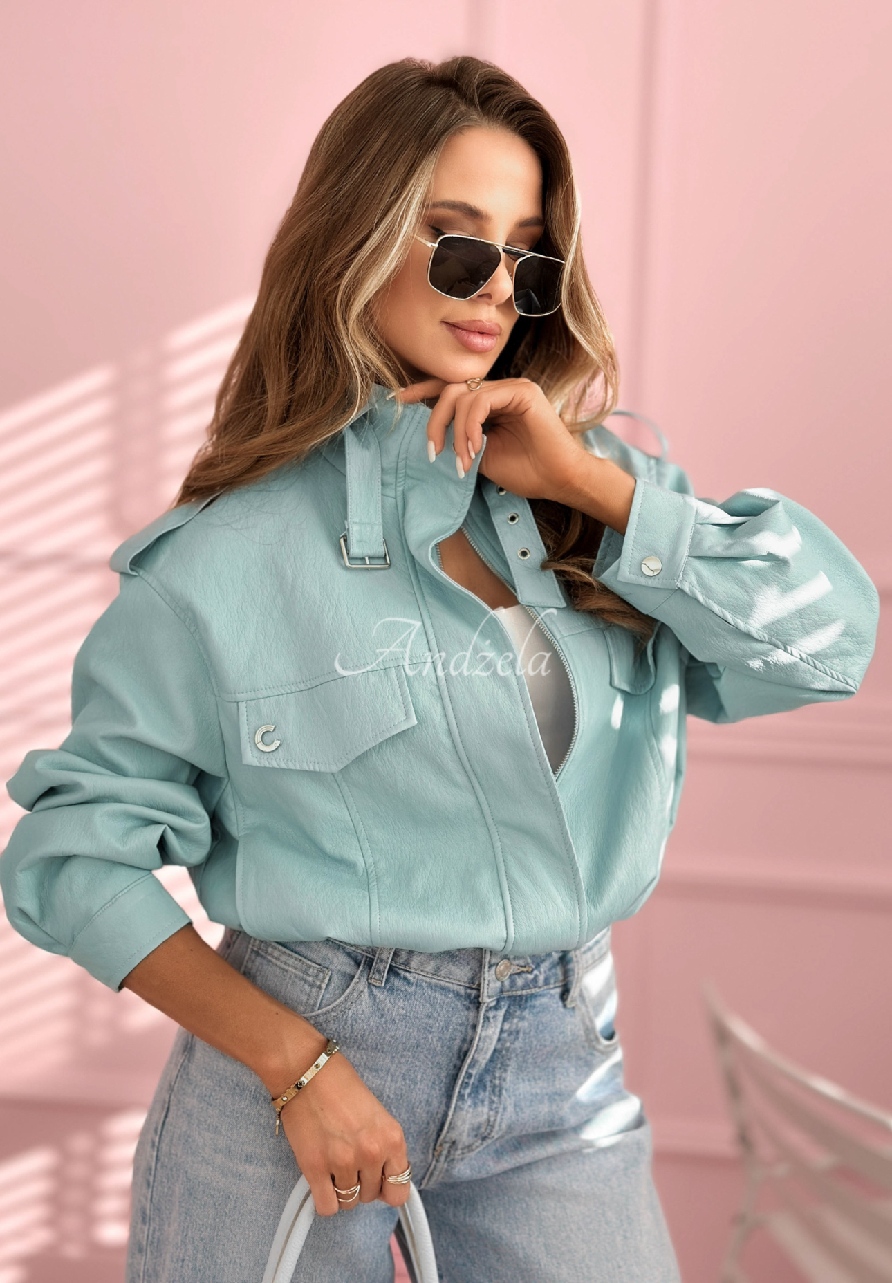 Krótka skórzana kurtka bomberka Marisa błękitna