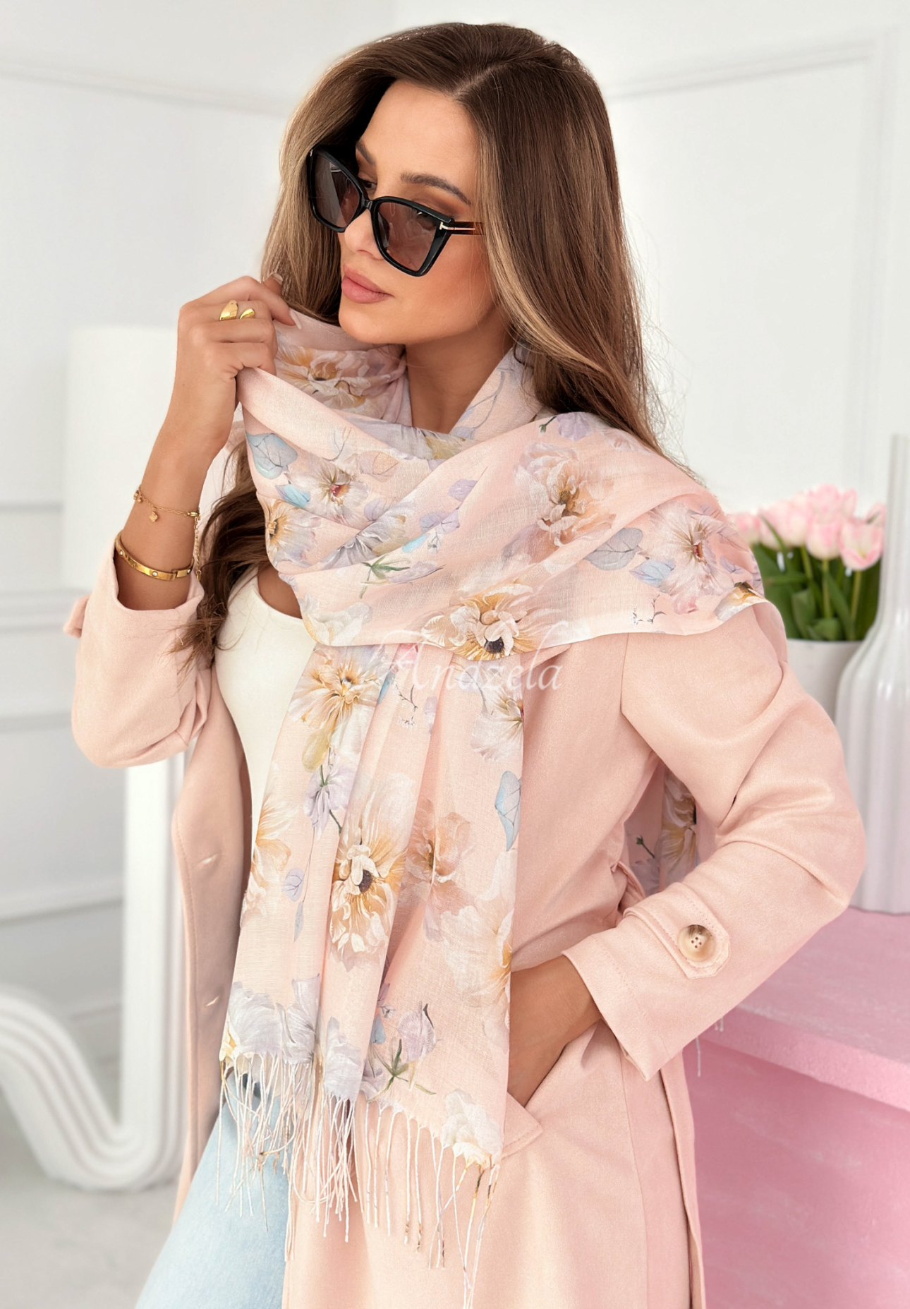 Gabriella powder pink floral scarf with tassels