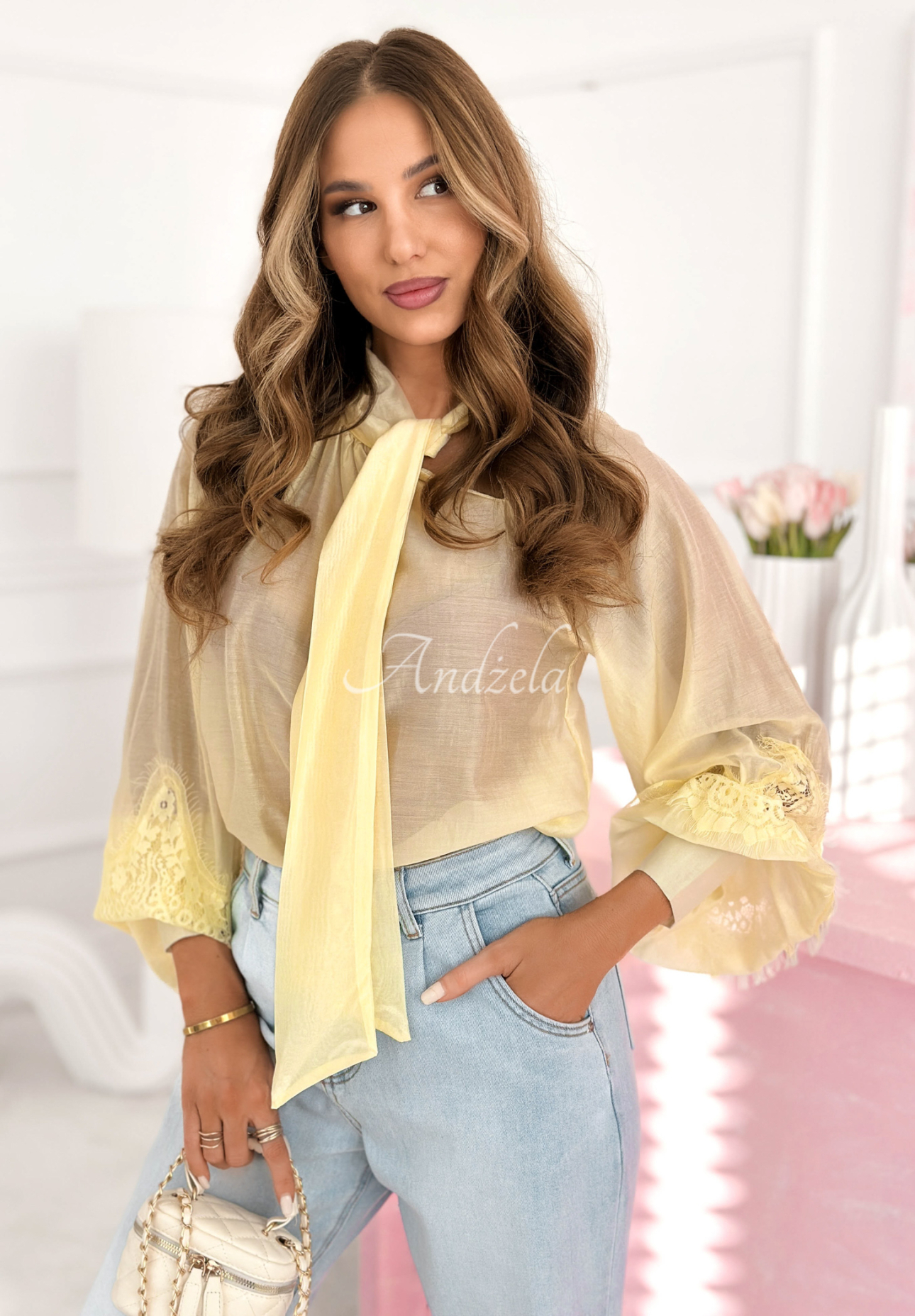 Charlotte yellow lace blouse with tie detail