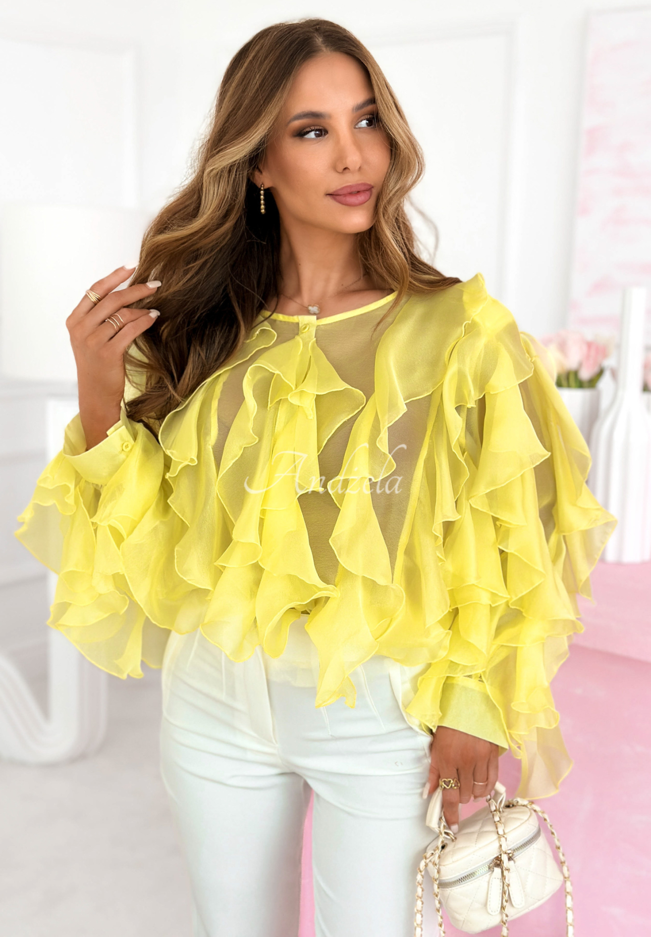 Aureliane yellow cotton shirt with frills