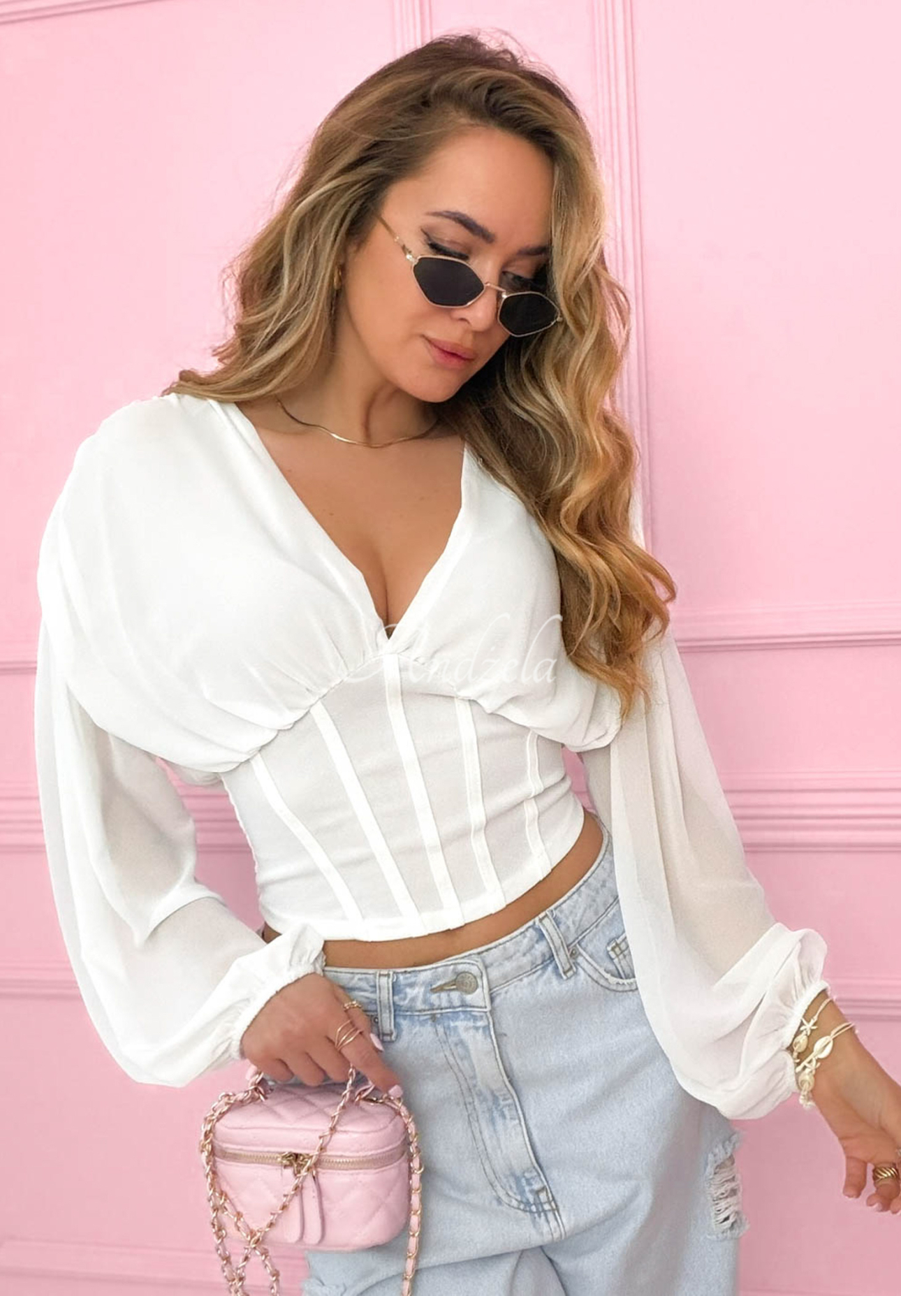 Another Look white ruffled corset blouse