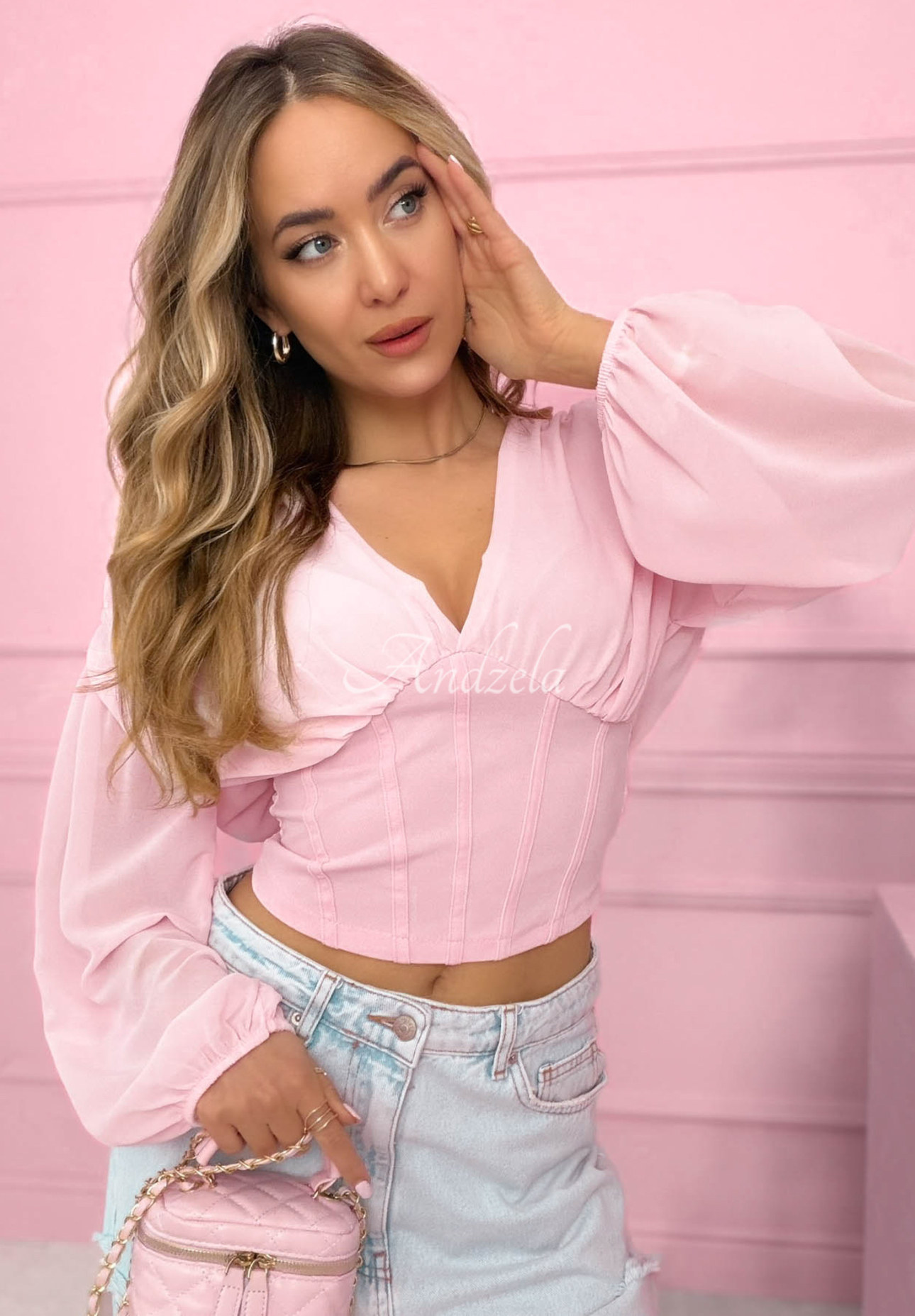 Another Look pink ruffled corset blouse