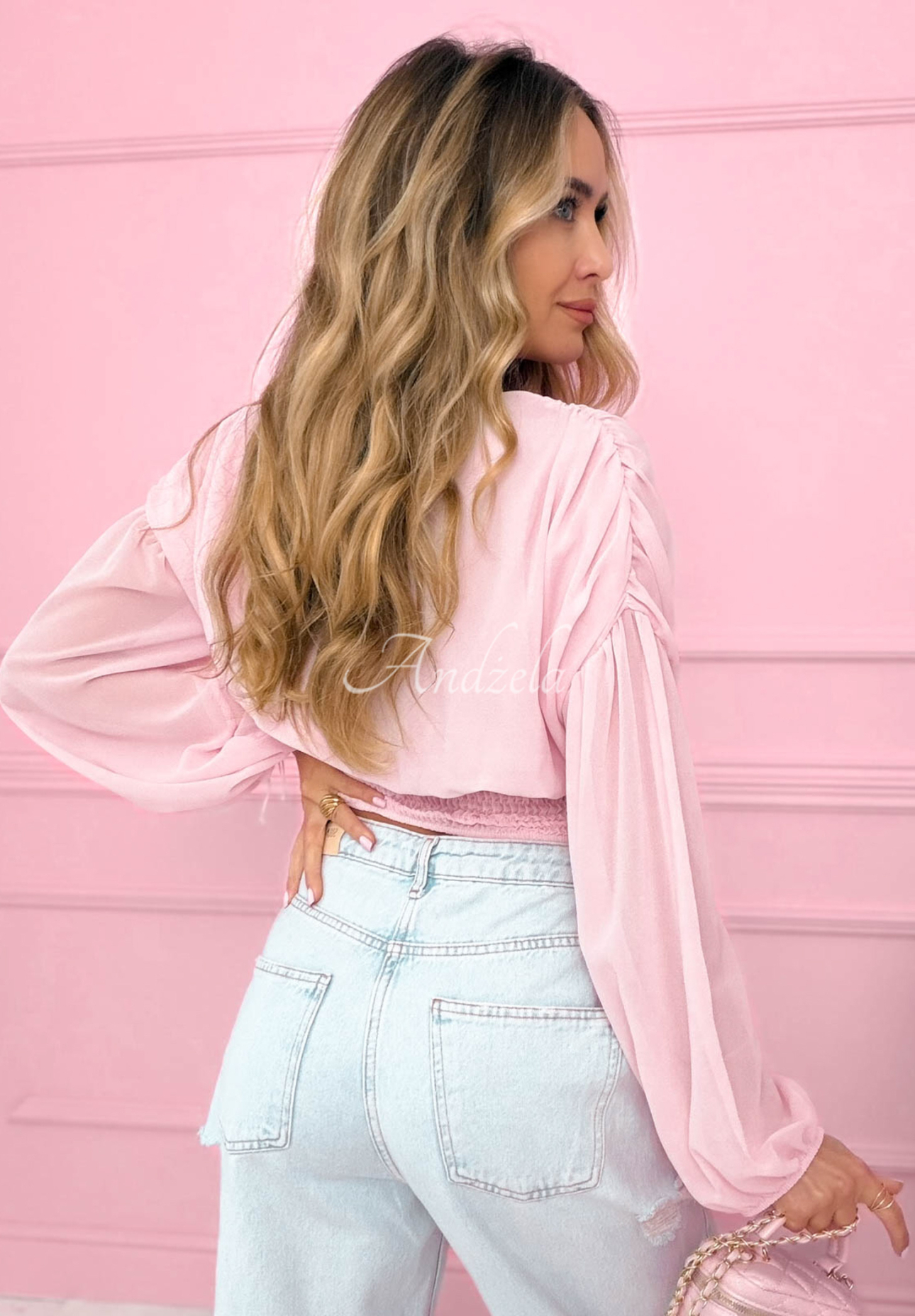 Gorsetowa bluzka z marszczeniami Another Look różowa