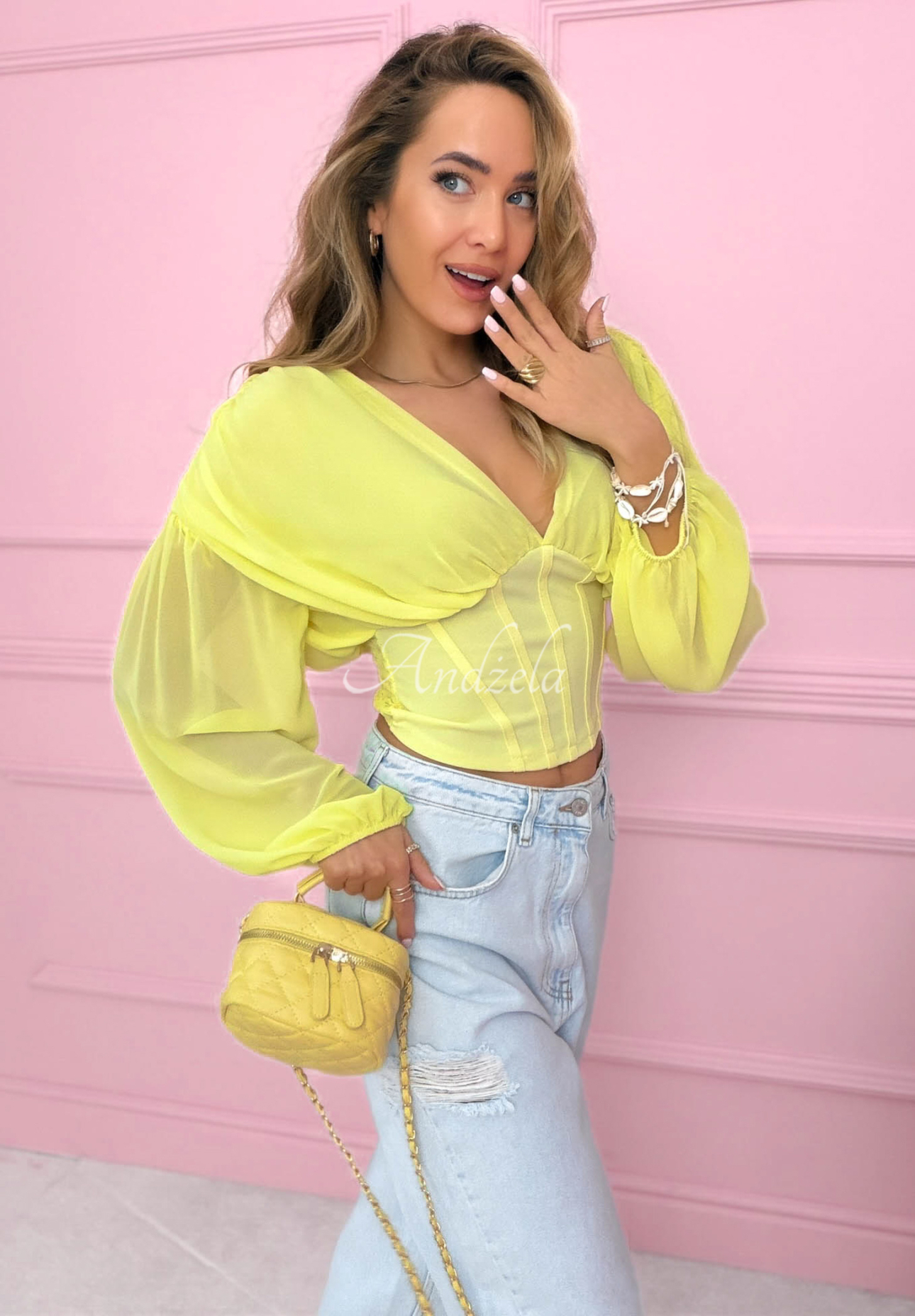 Another Look yellow ruffled corset blouse 
