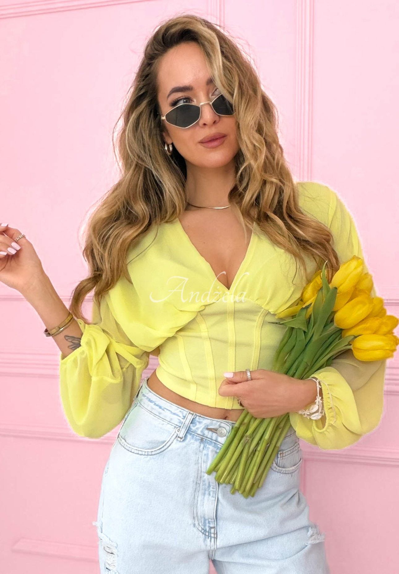 Another Look yellow ruffled corset blouse 