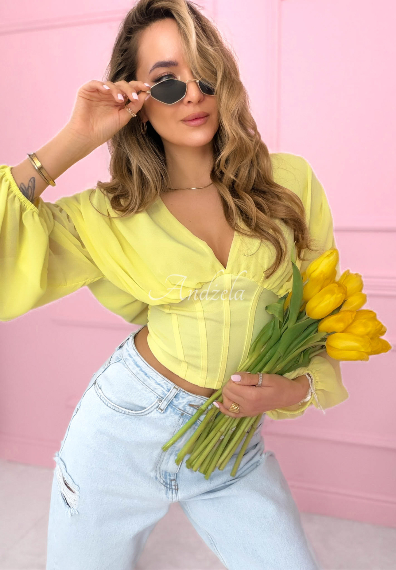 Another Look yellow ruffled corset blouse 